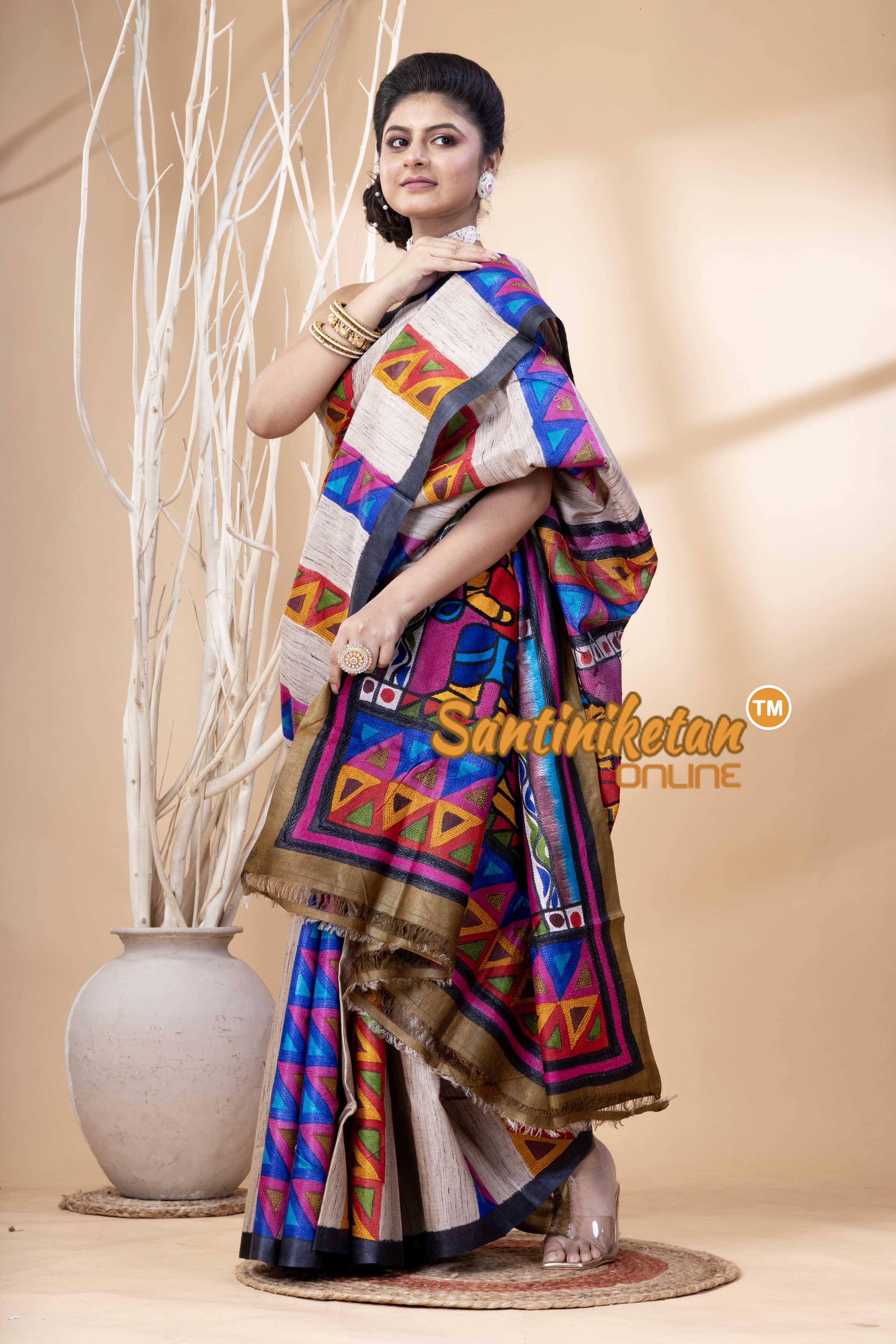 Pure Tussar Painting Kantha Stitch Saree SN202524179