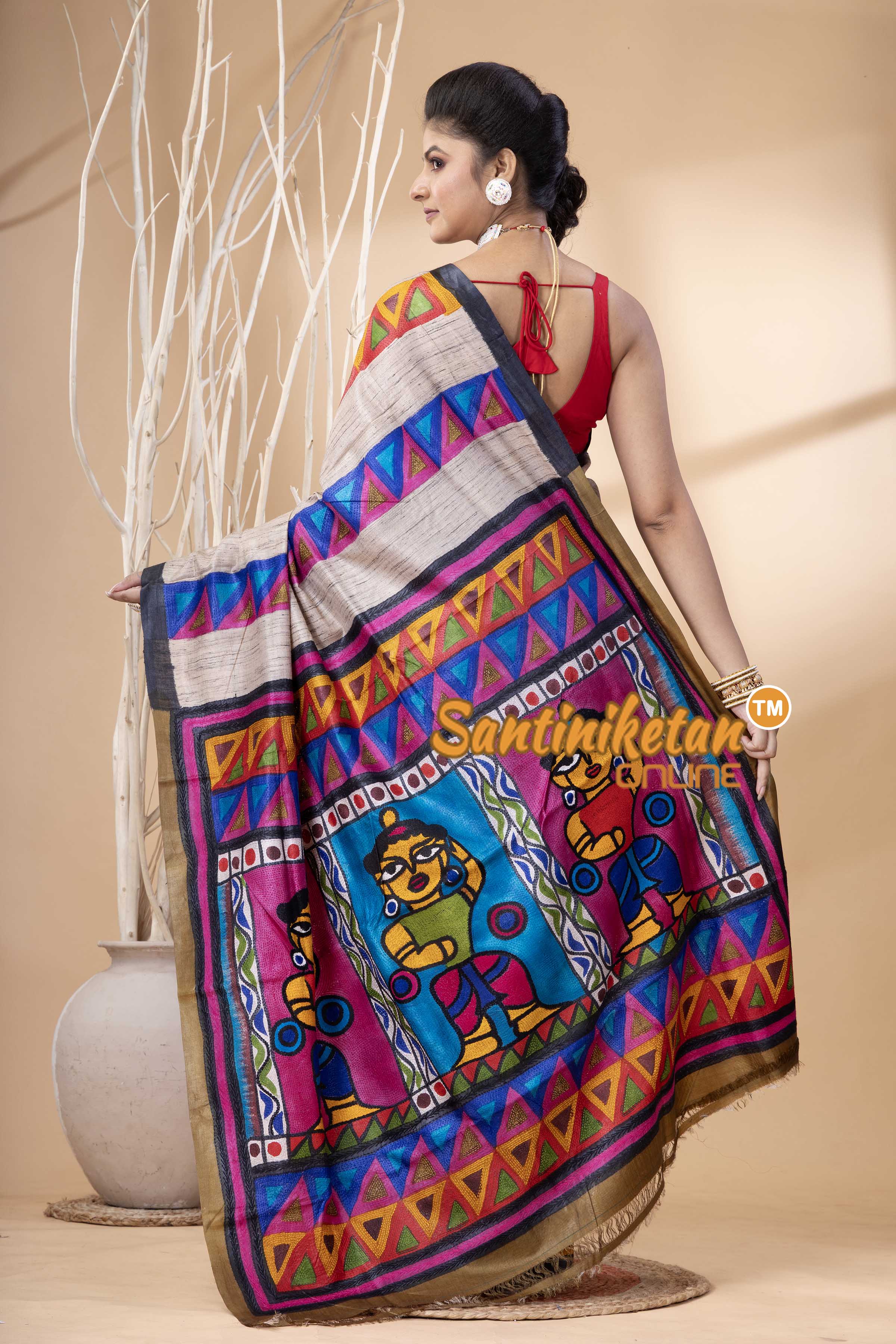 Pure Tussar Painting Kantha Stitch Saree SN202524179