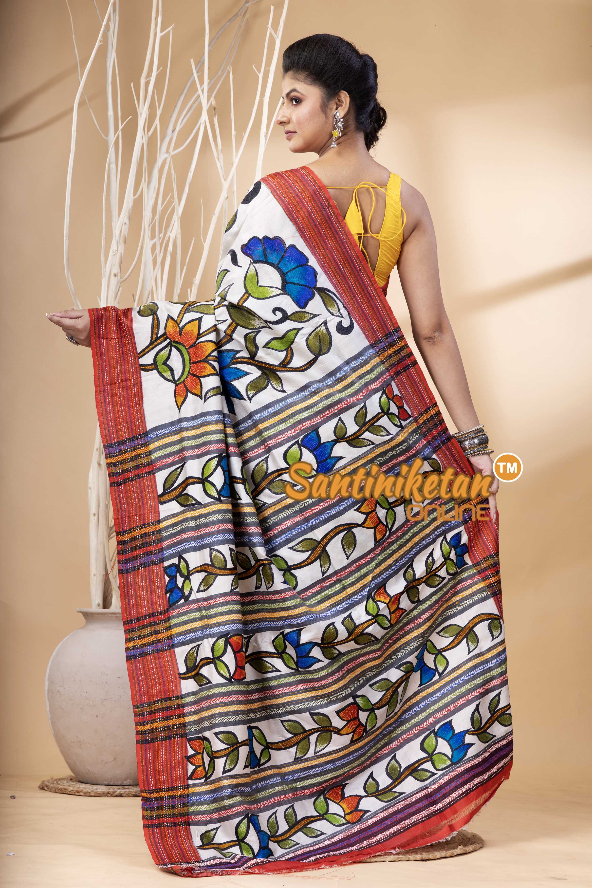 Bishnupuri (Katan) Silk Hand Painting and Kantha Stitch Saree SN202524239