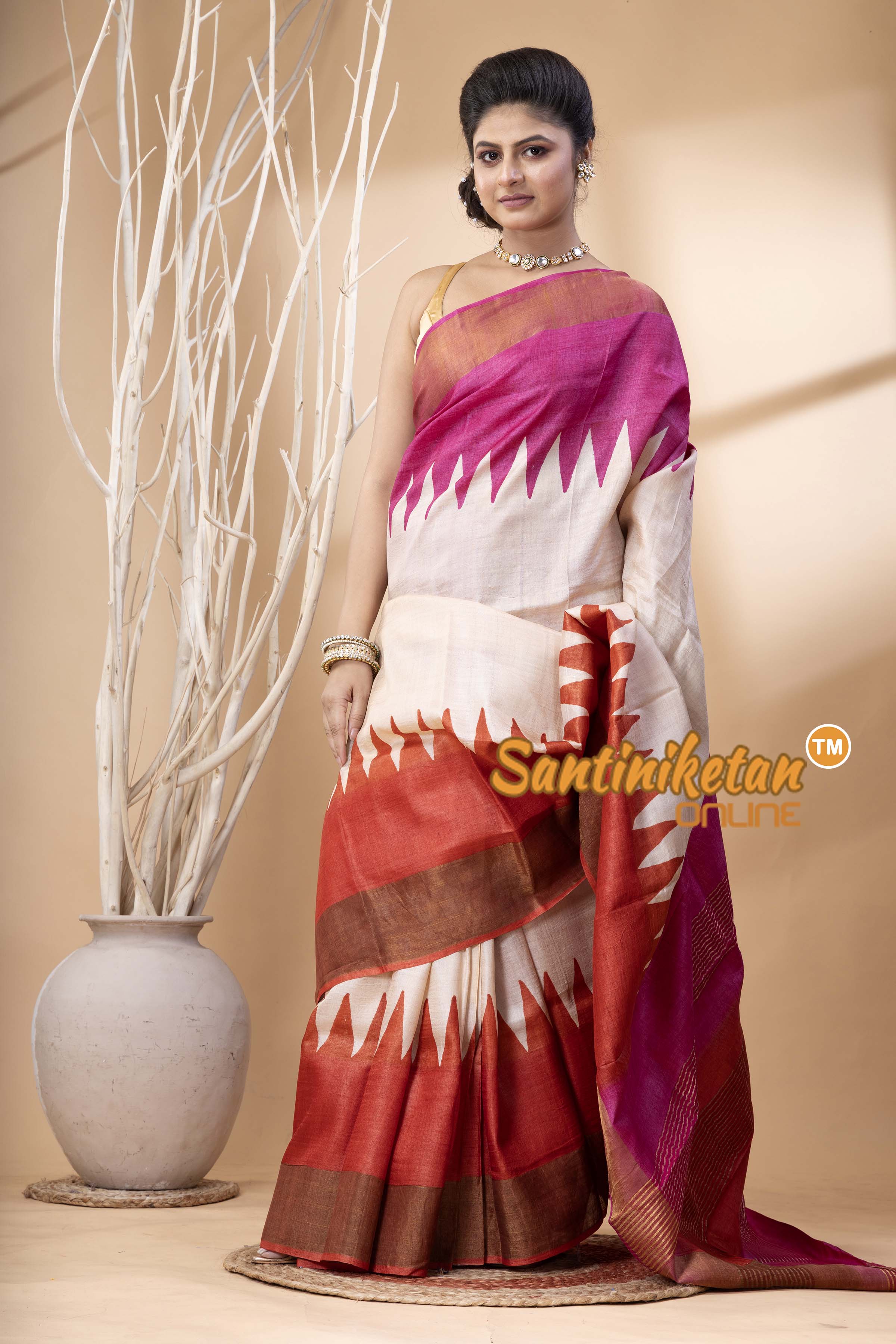 Pure Zari Tussar Hand Block Painted Saree SN202524363