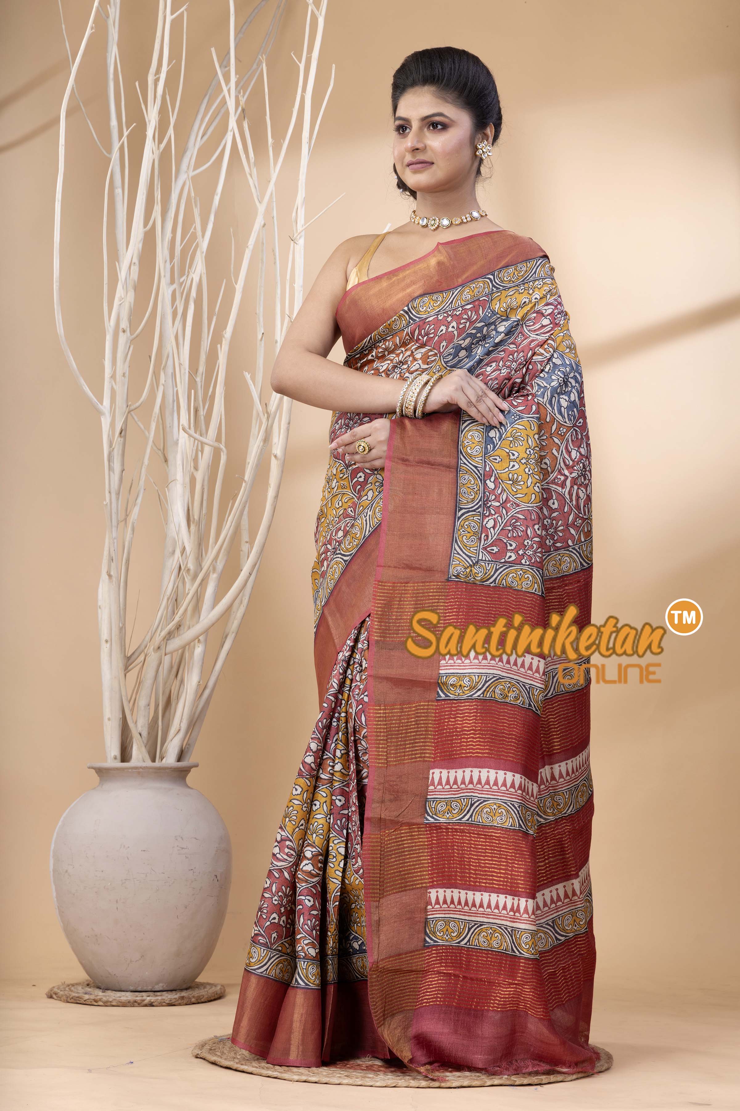 Pure Zari Tussar Hand Block Painted Saree SN202524375