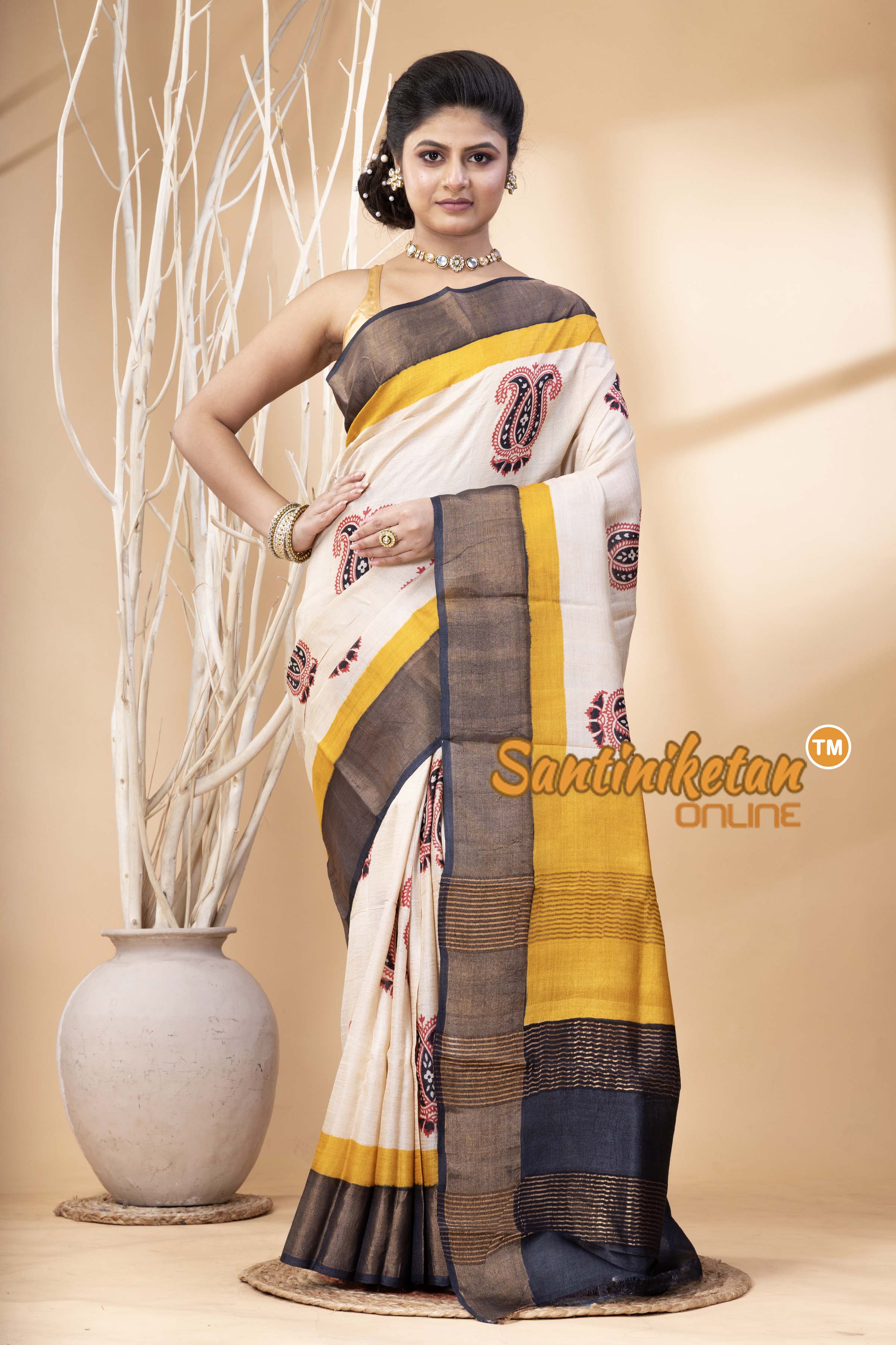 Pure Zari Tussar Hand Block Painted Saree SN202524423