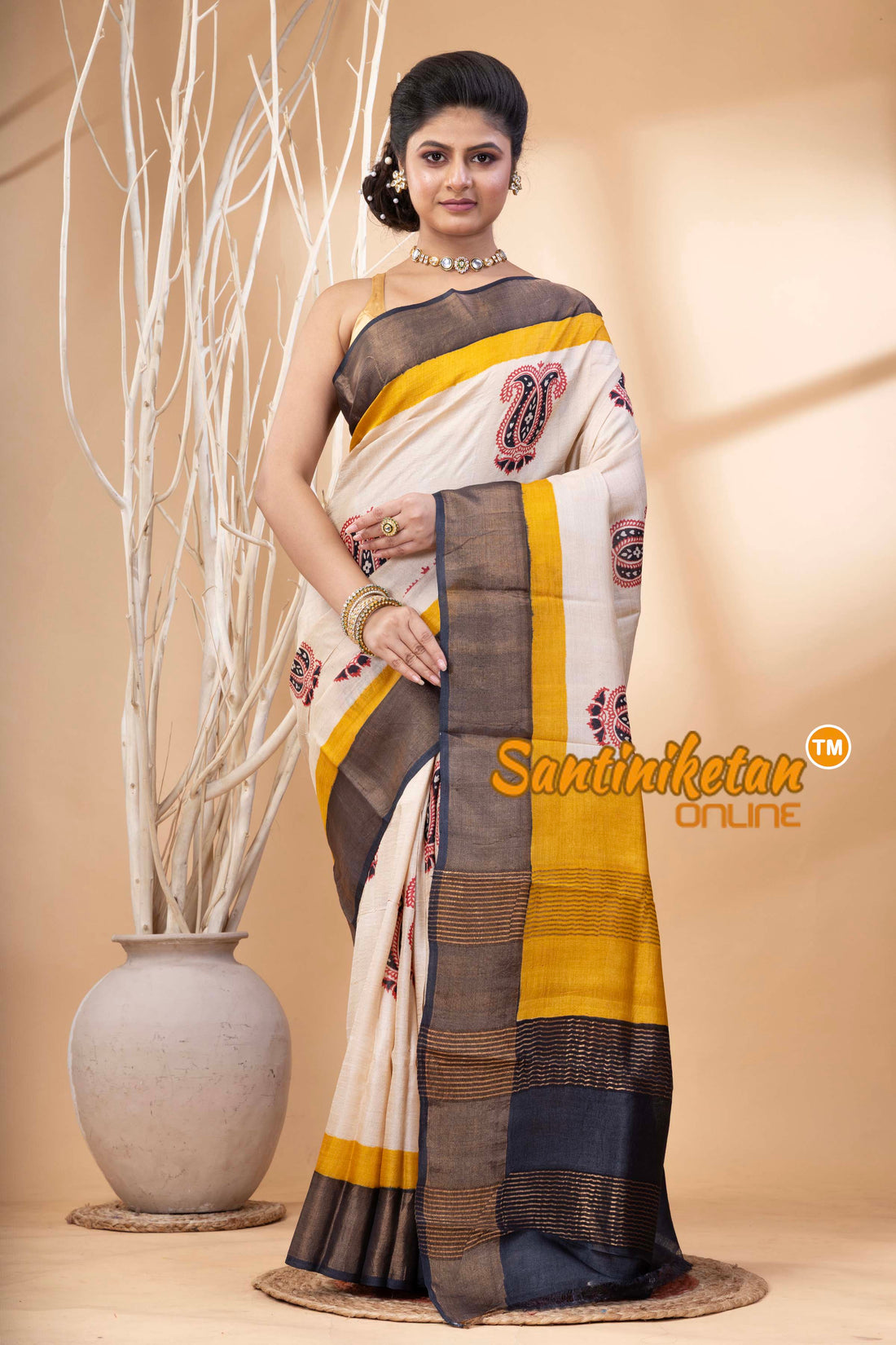 Pure Zari Tussar Hand Block Painted Saree SN202524423