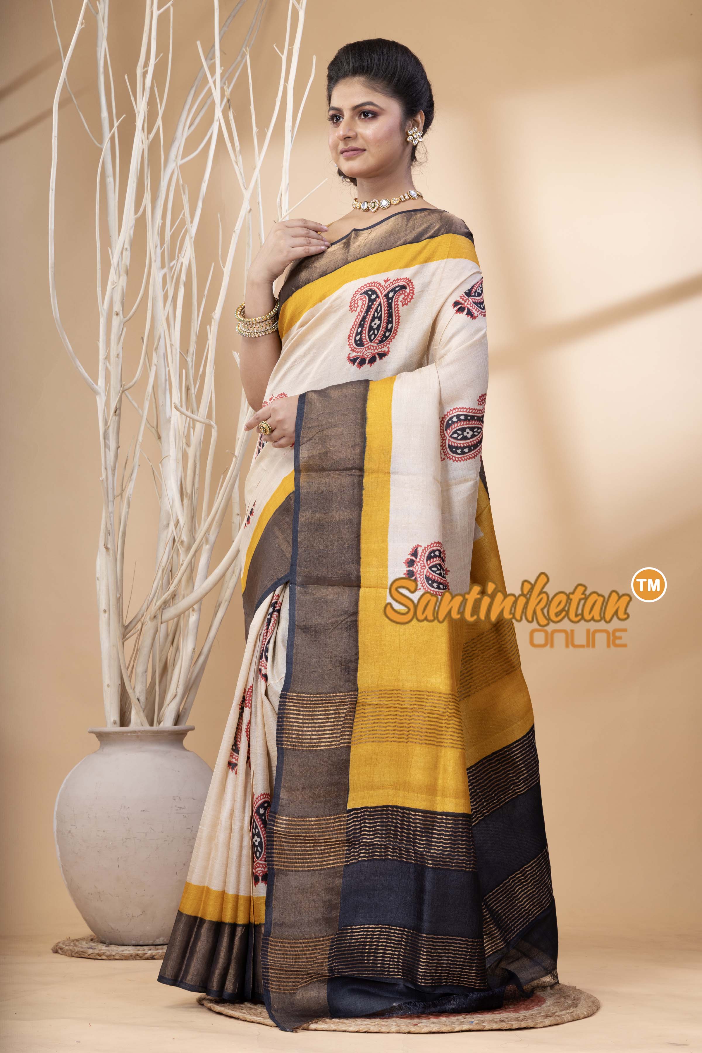 Pure Zari Tussar Hand Block Painted Saree SN202524423