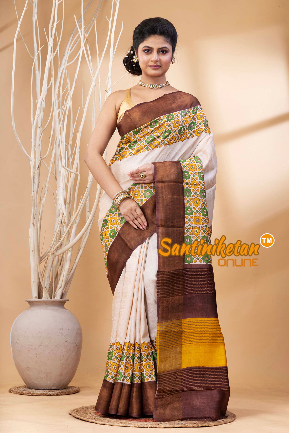 Pure Zari Tussar Hand Block Painted Saree SN202524429
