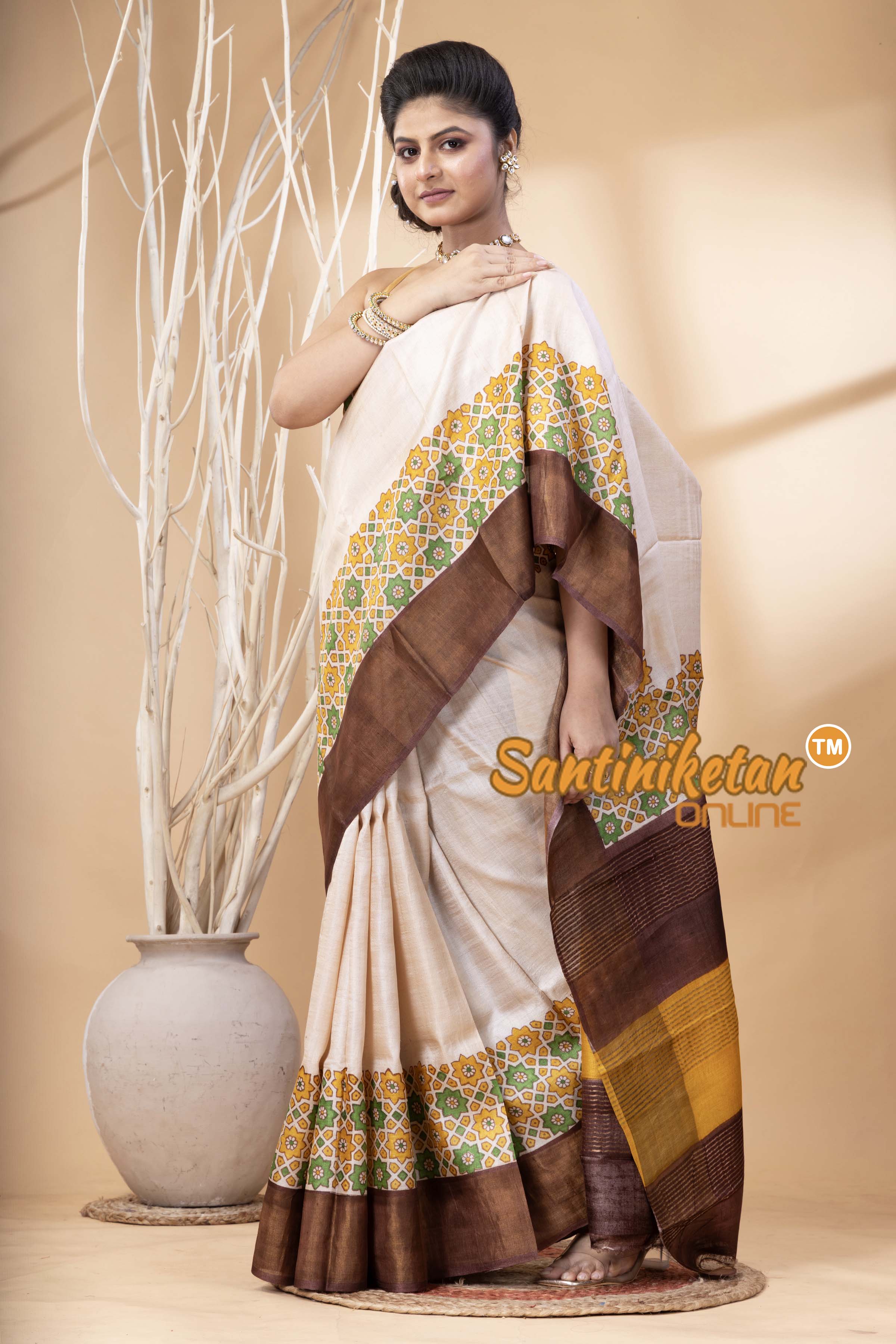 Pure Zari Tussar Hand Block Painted Saree SN202524429