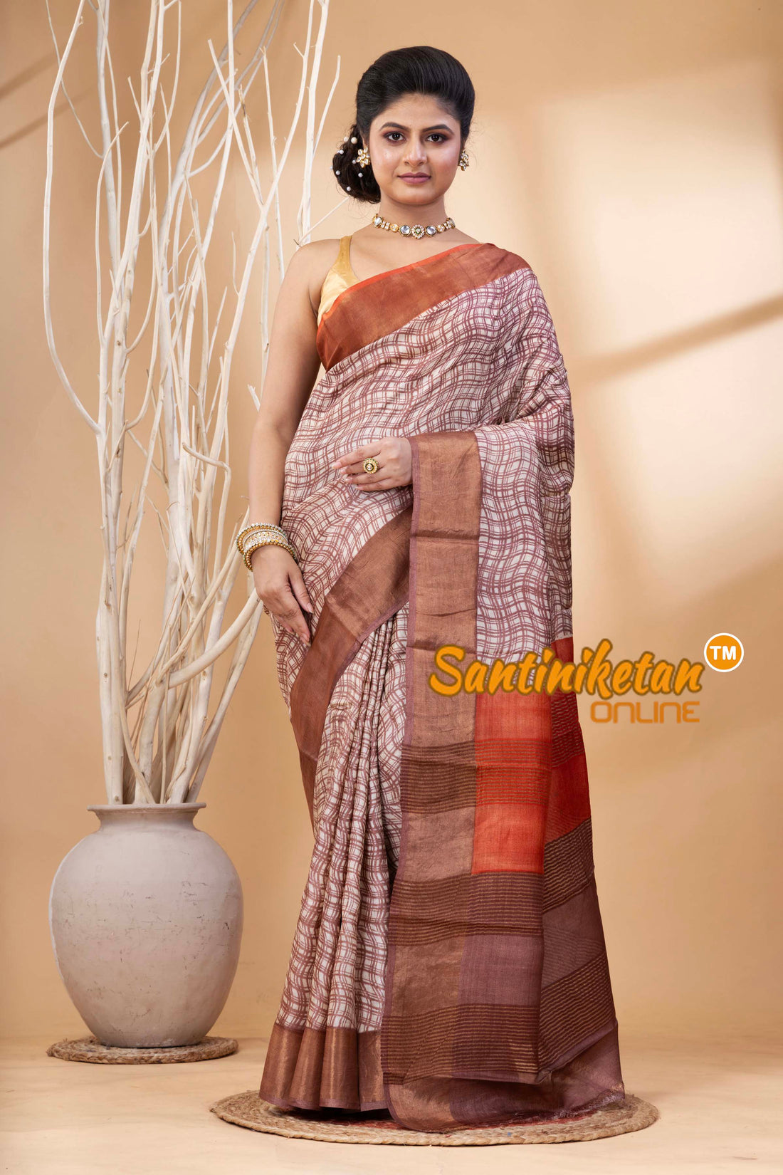 Pure Zari Tussar Hand Block Painted Saree SN202524435
