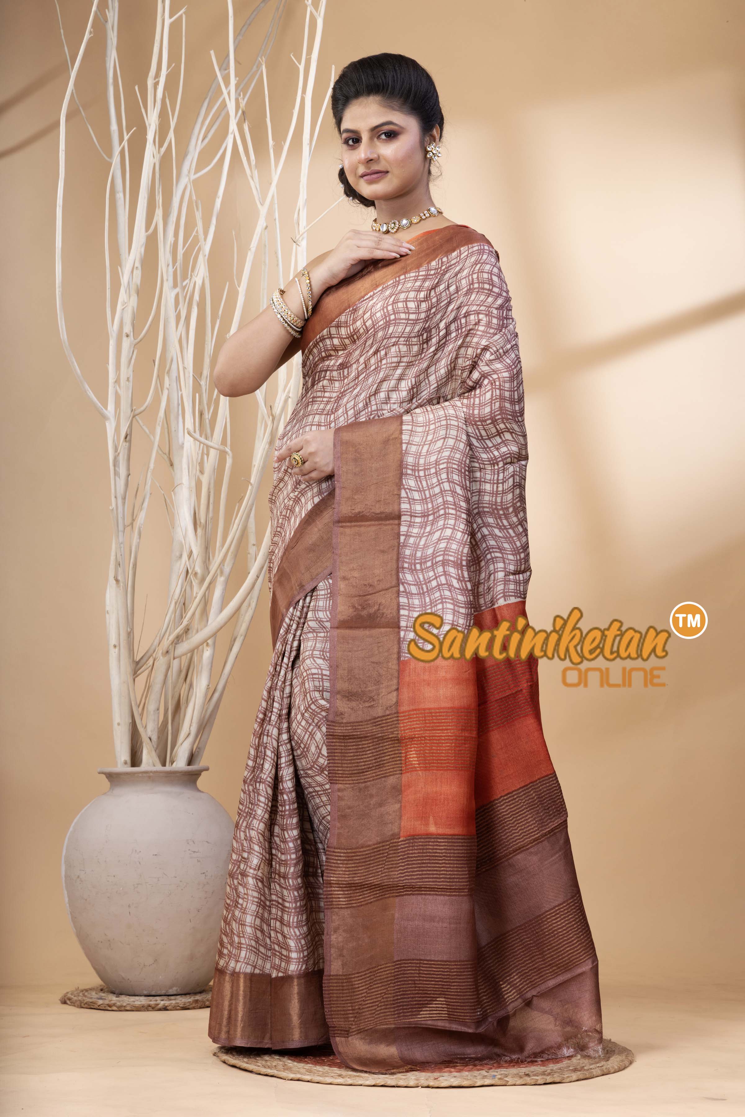 Pure Zari Tussar Hand Block Painted Saree SN202524435