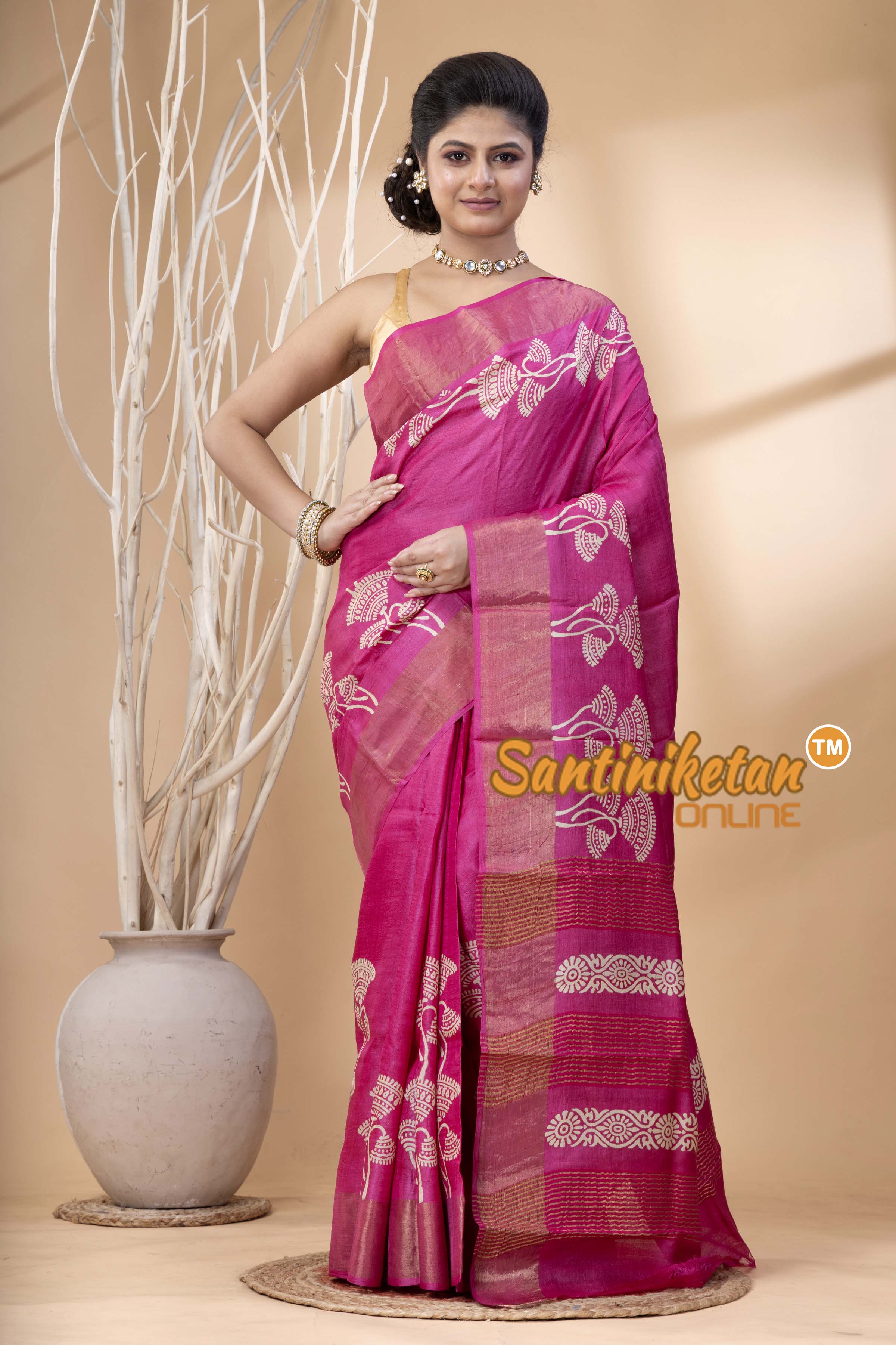 Pure Zari Tussar Hand Block Painted Saree SN202524441