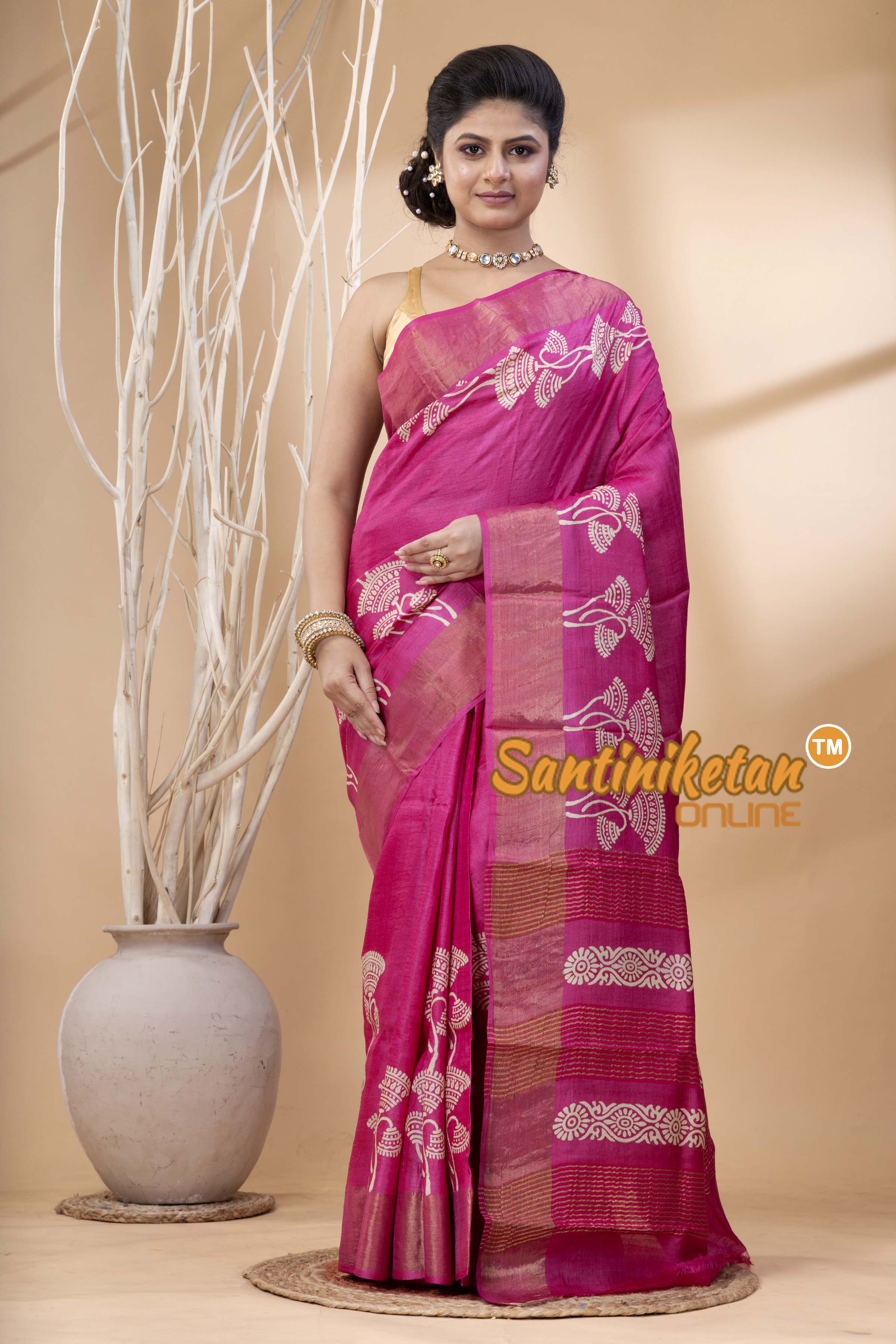 Pure Zari Tussar Hand Block Painted Saree SN202524441