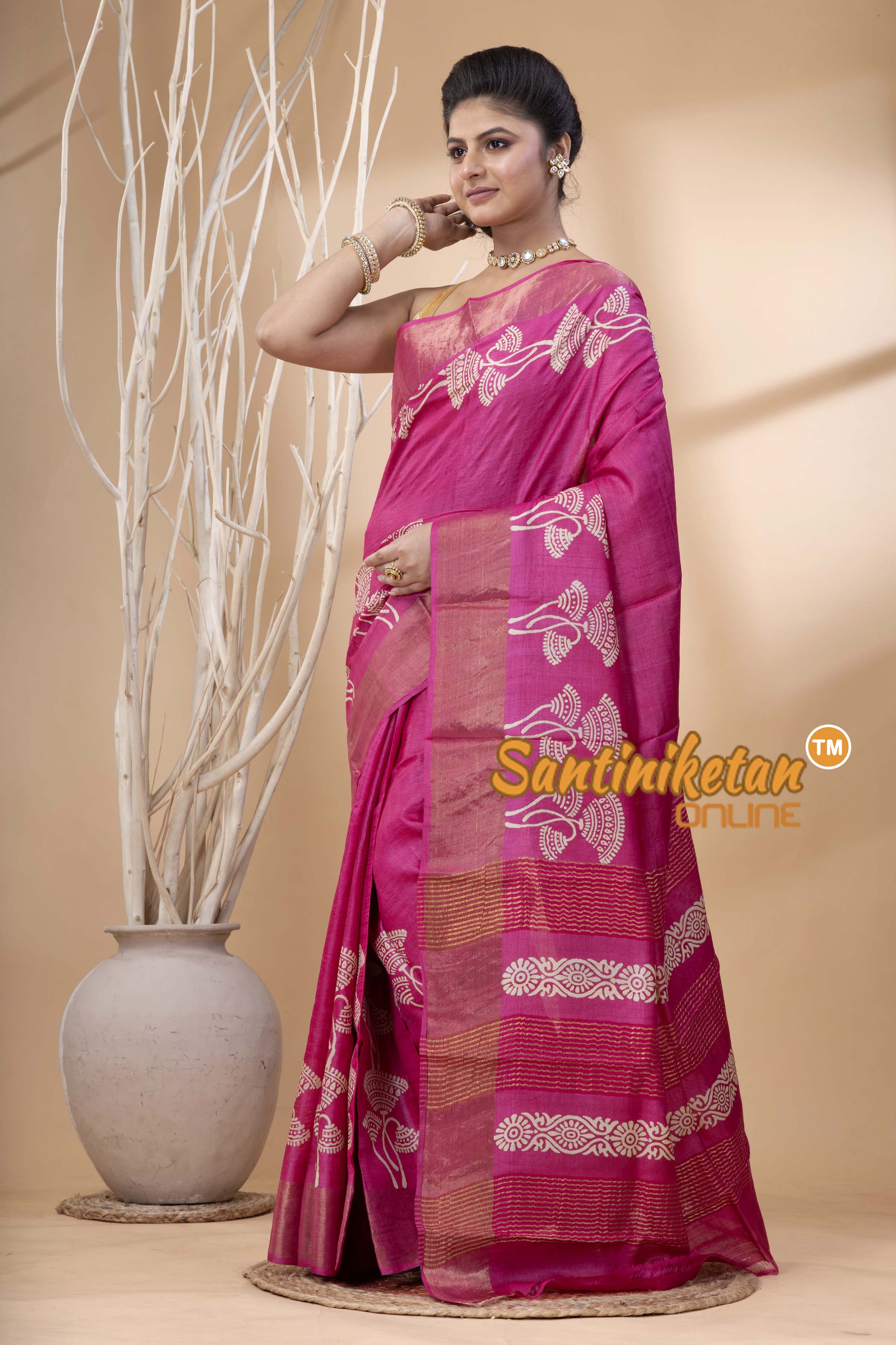Pure Zari Tussar Hand Block Painted Saree SN202524441