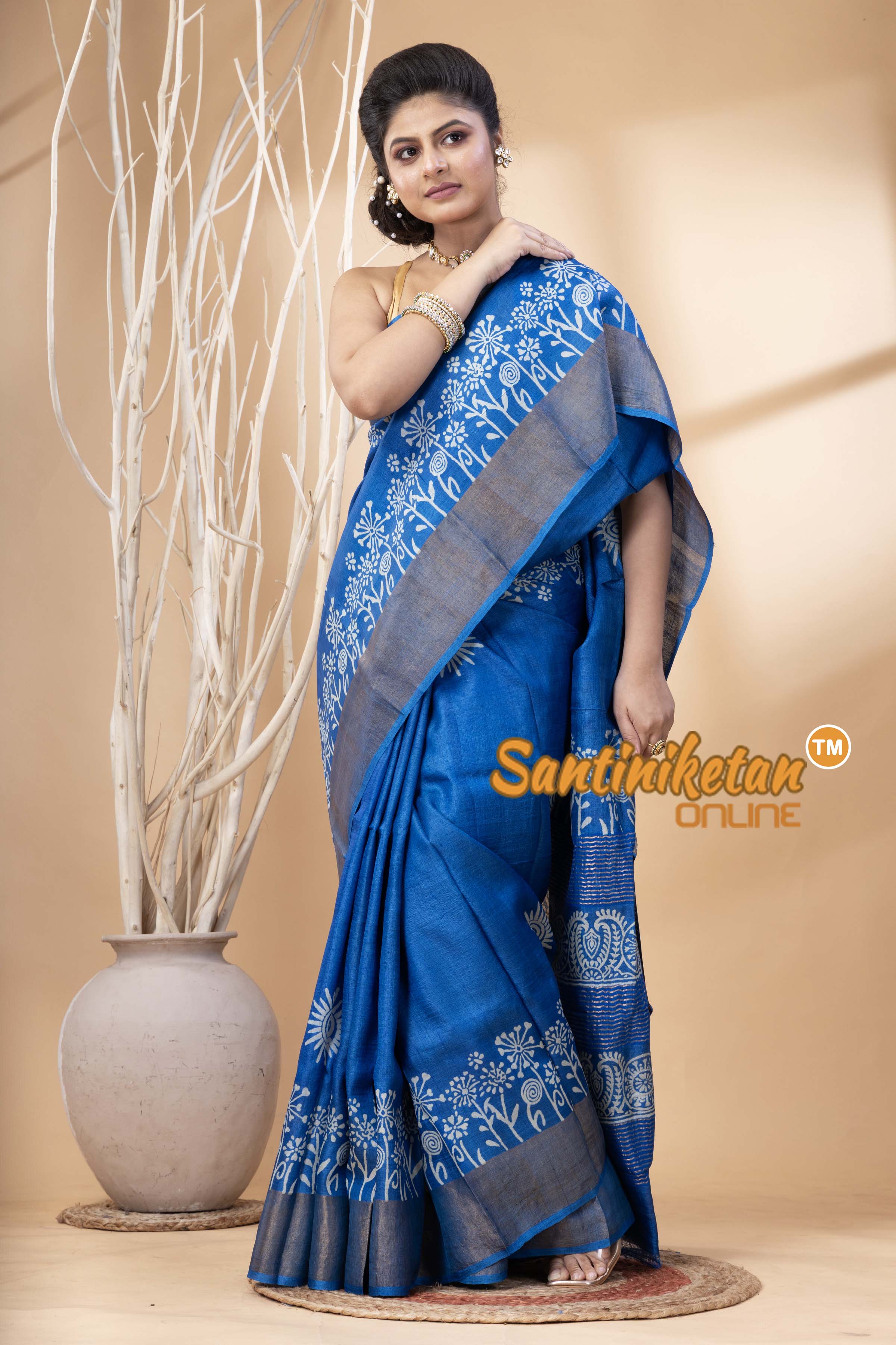 Pure Zari Tussar Hand Block Painted Saree SN202524477