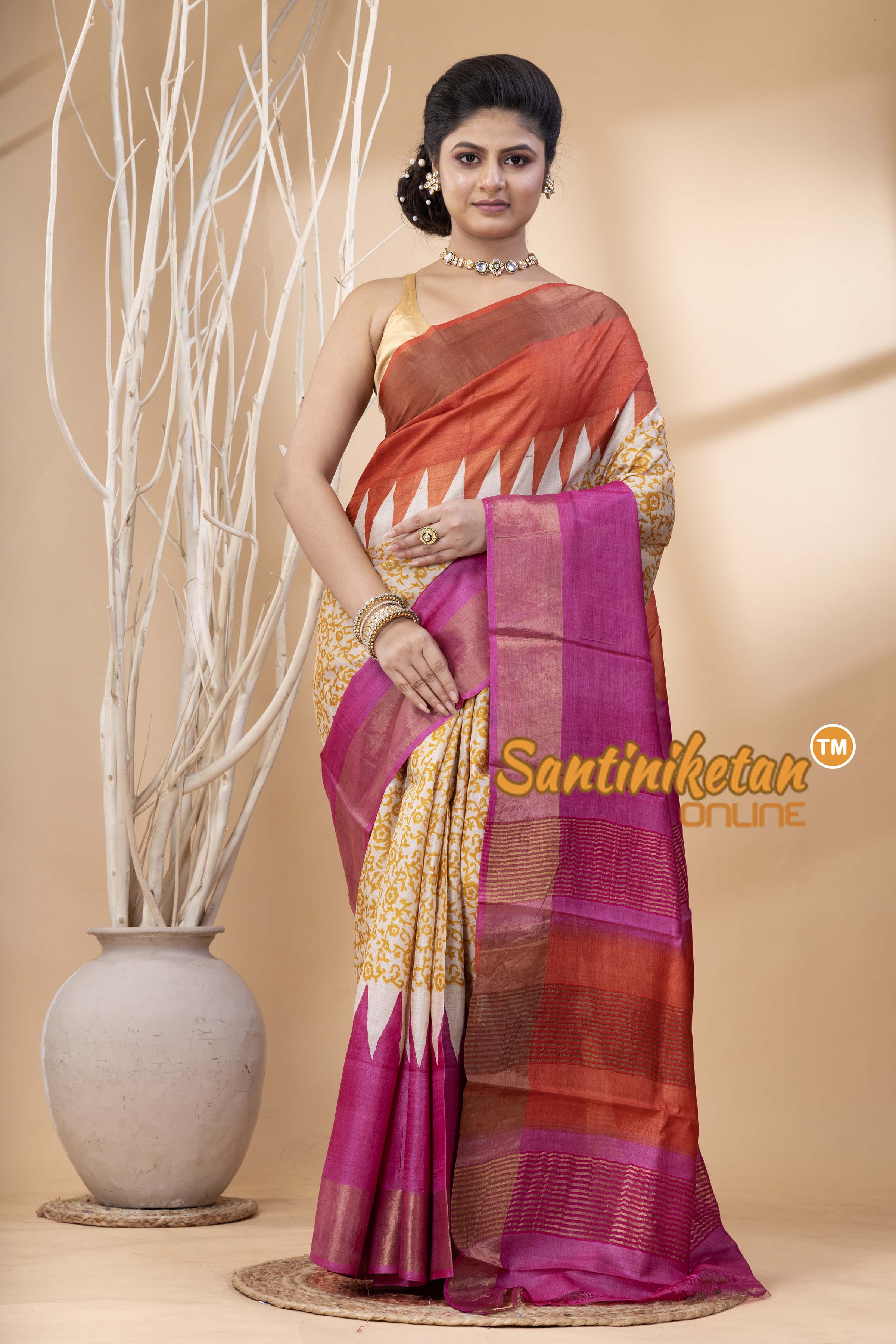 Pure Zari Tussar Hand Block Painted Saree SN202524507