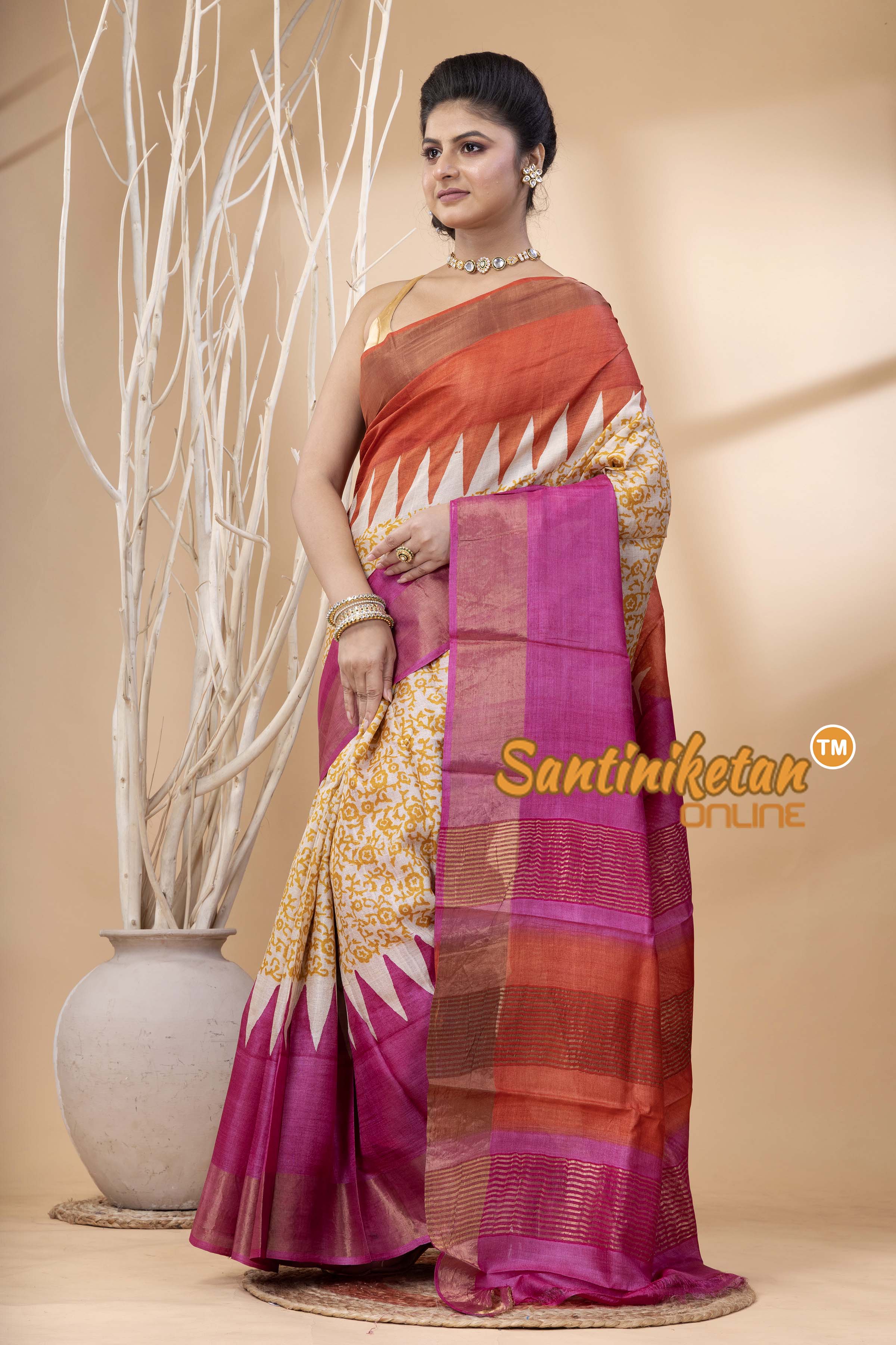 Pure Zari Tussar Hand Block Painted Saree SN202524507