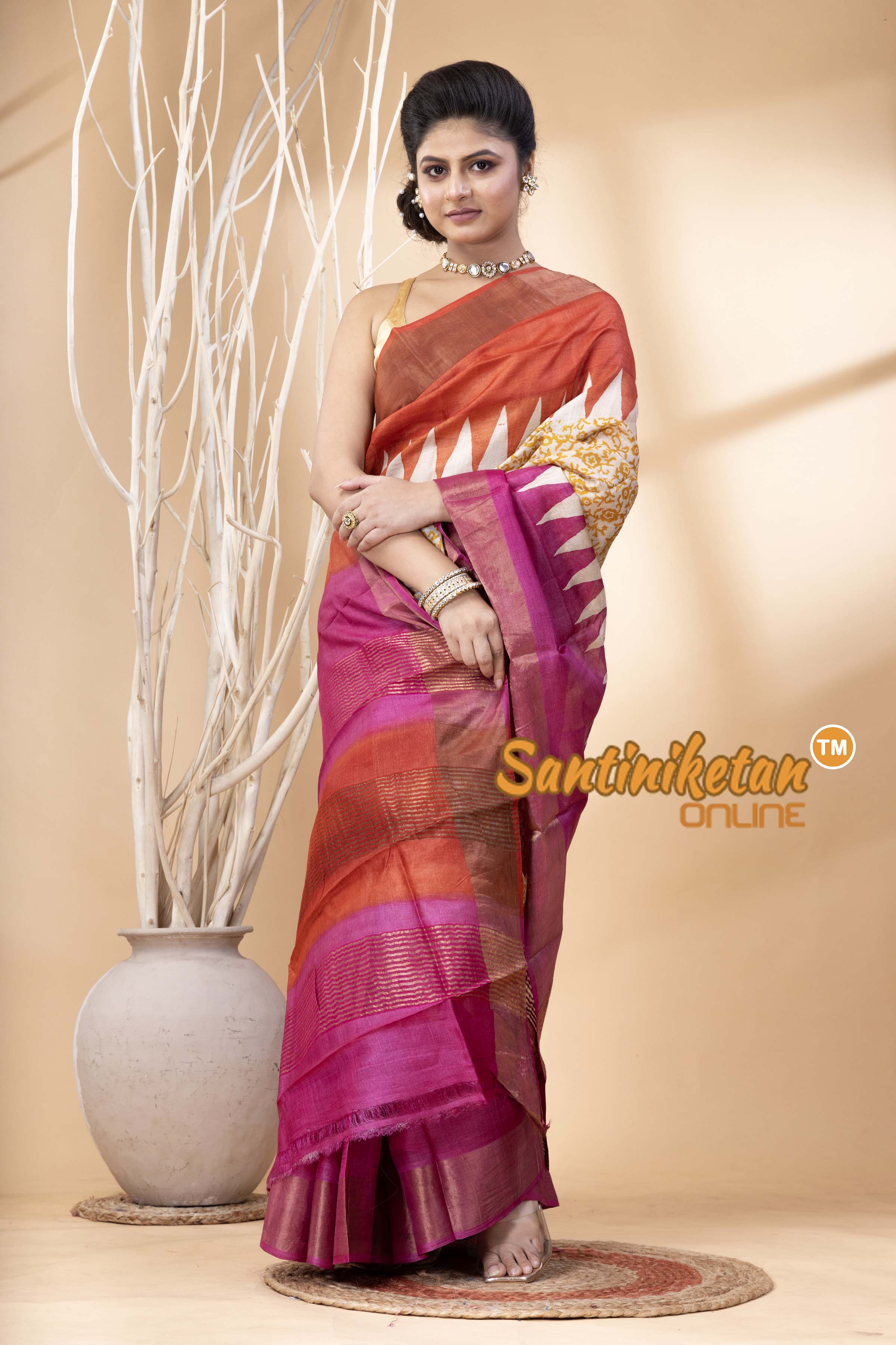 Pure Zari Tussar Hand Block Painted Saree SN202524507