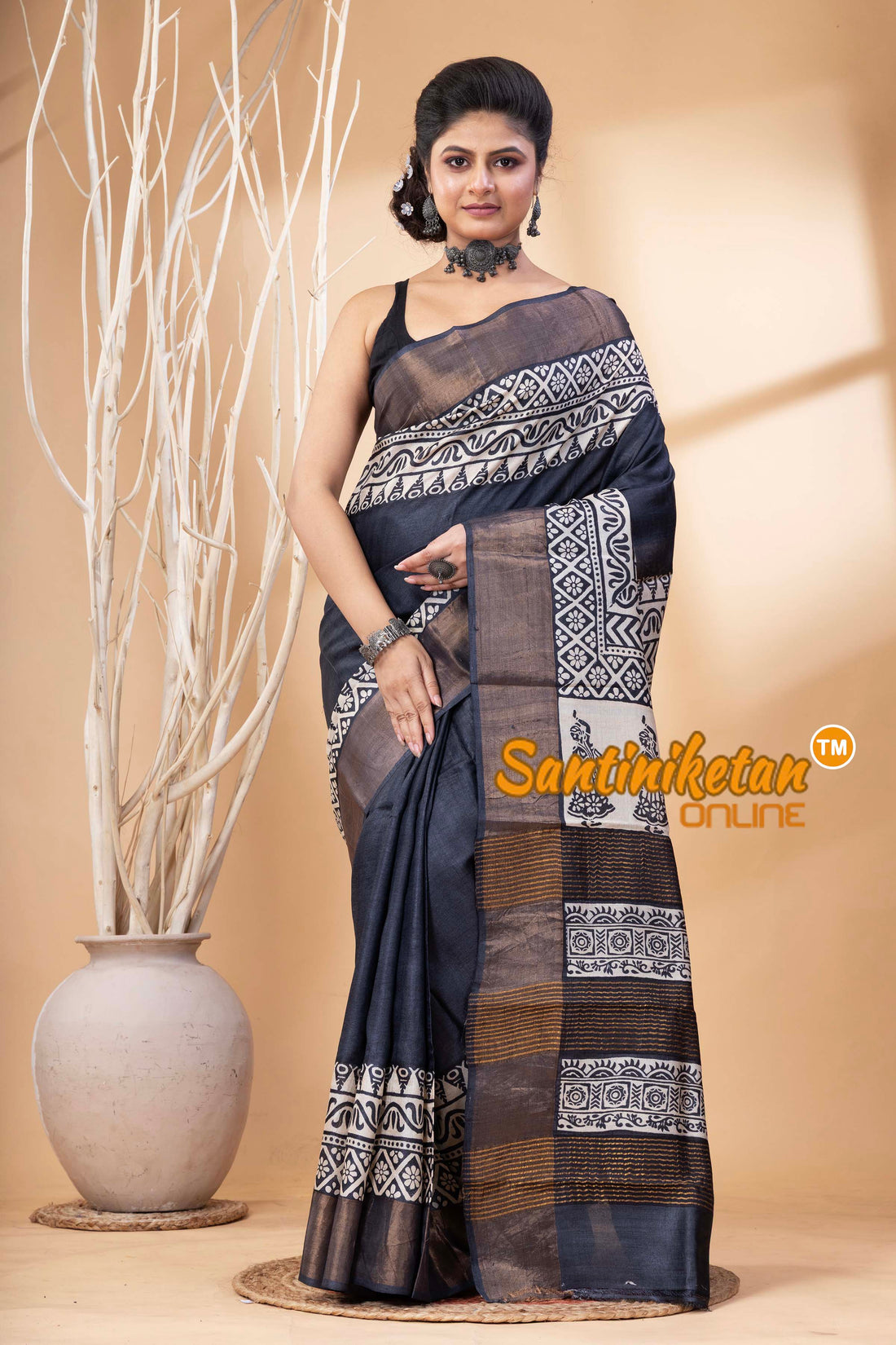 Pure Zari Tussar Hand Block Painted Saree SN202524580