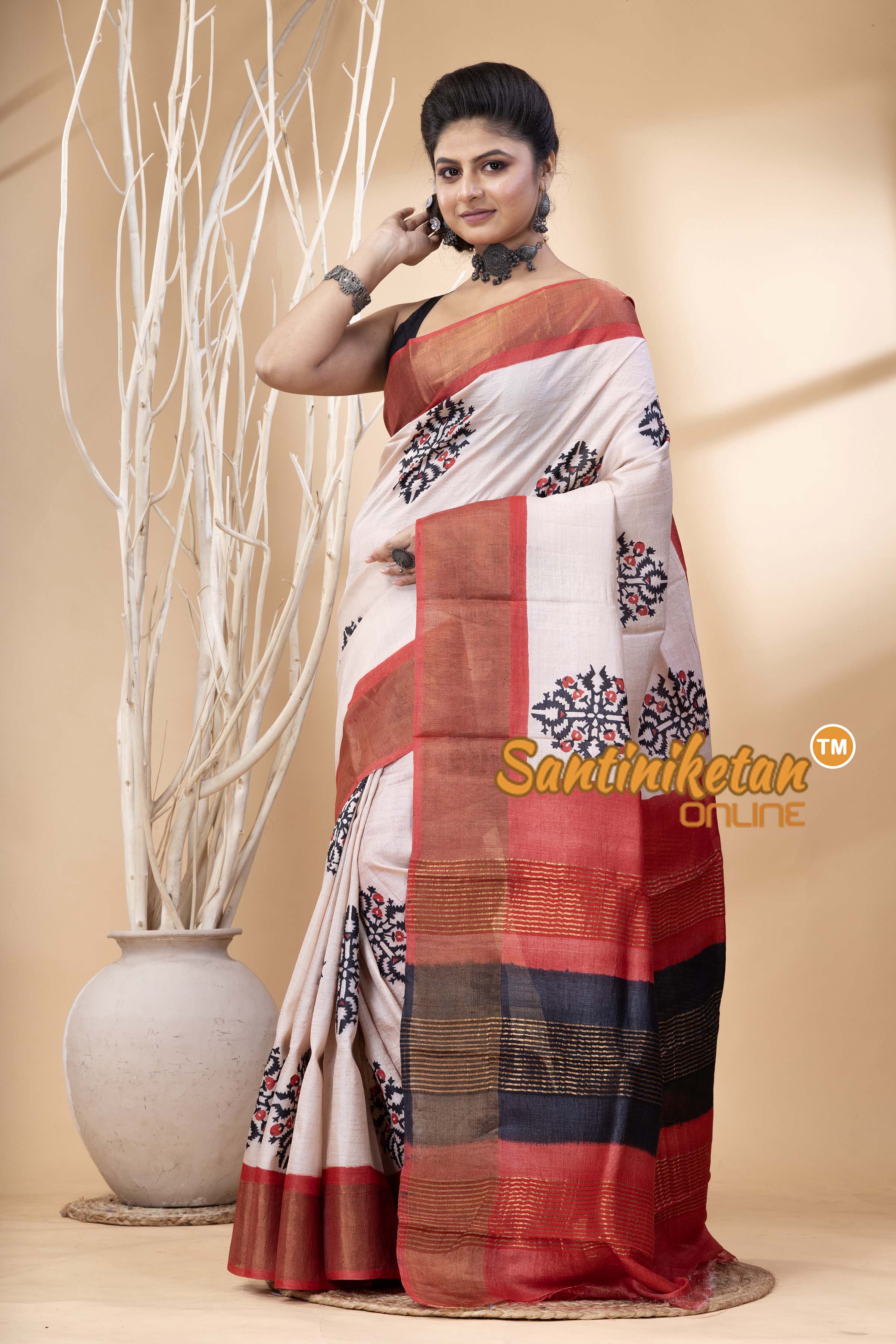 Pure Zari Tussar Hand Block Painted Saree SN202524603