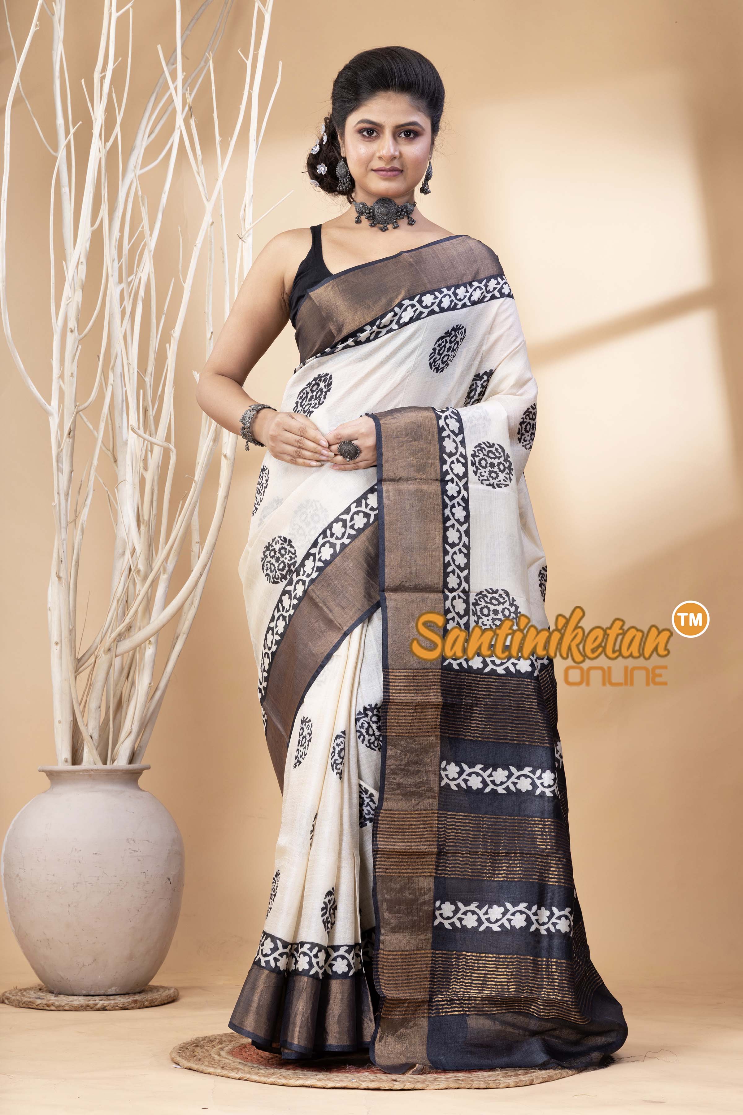 Pure Zari Tussar Hand Block Painted Saree SN202524615
