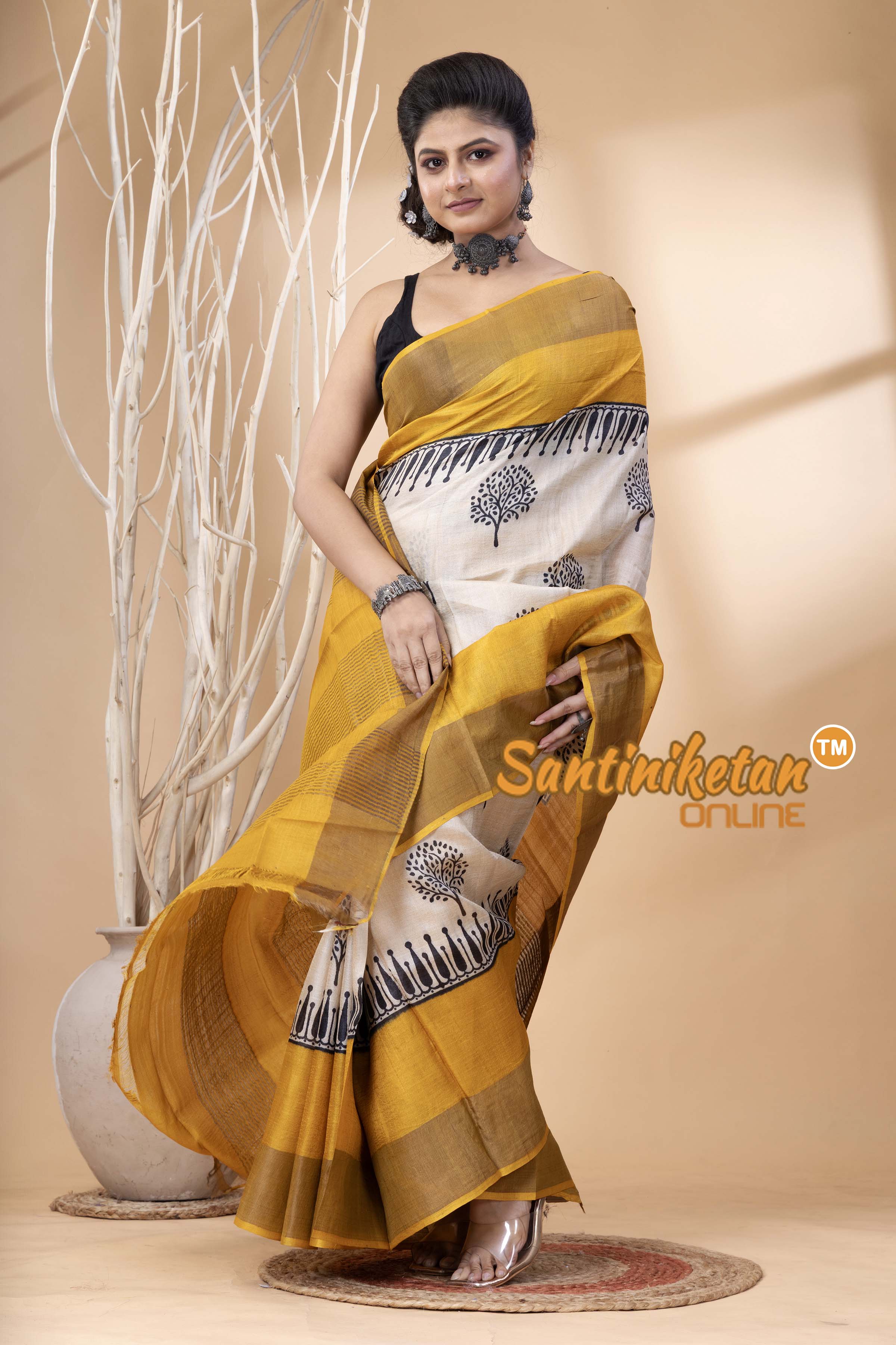 Pure Zari Tussar Hand Block Painted Saree SN202524627