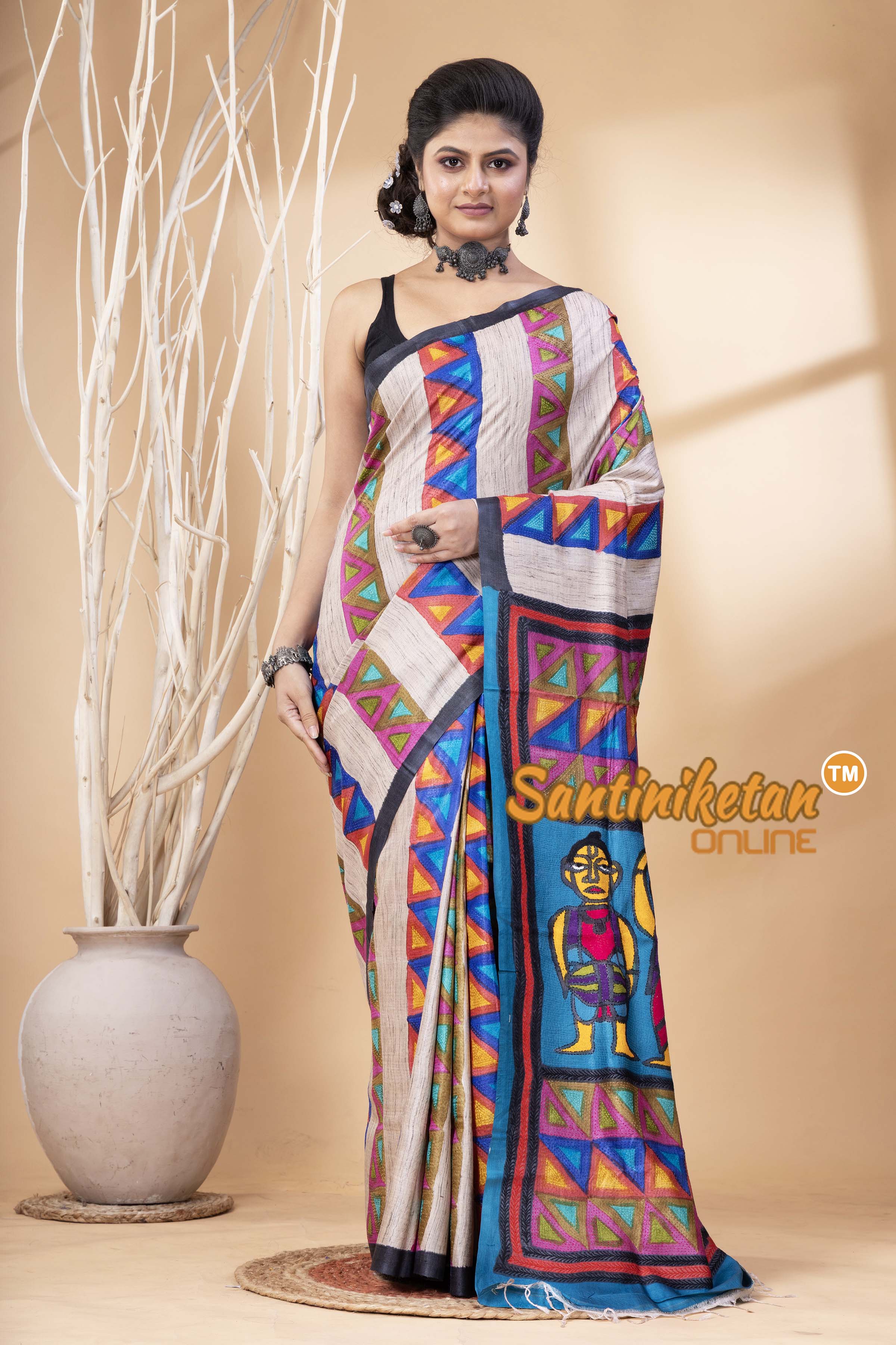 Pure Tussar Painting Kantha Stitch Saree SN202524680