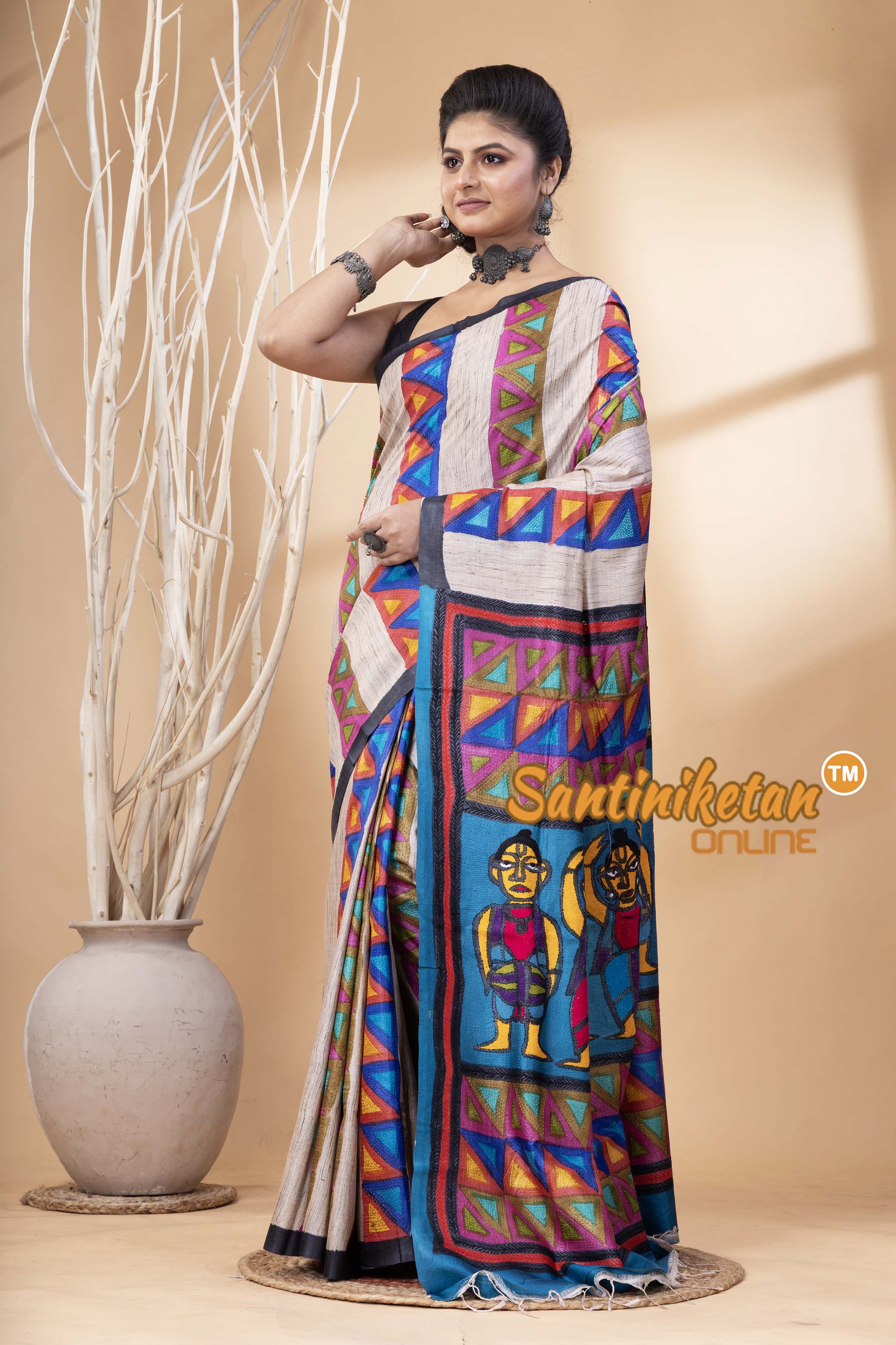 Pure Tussar Painting Kantha Stitch Saree SN202524680