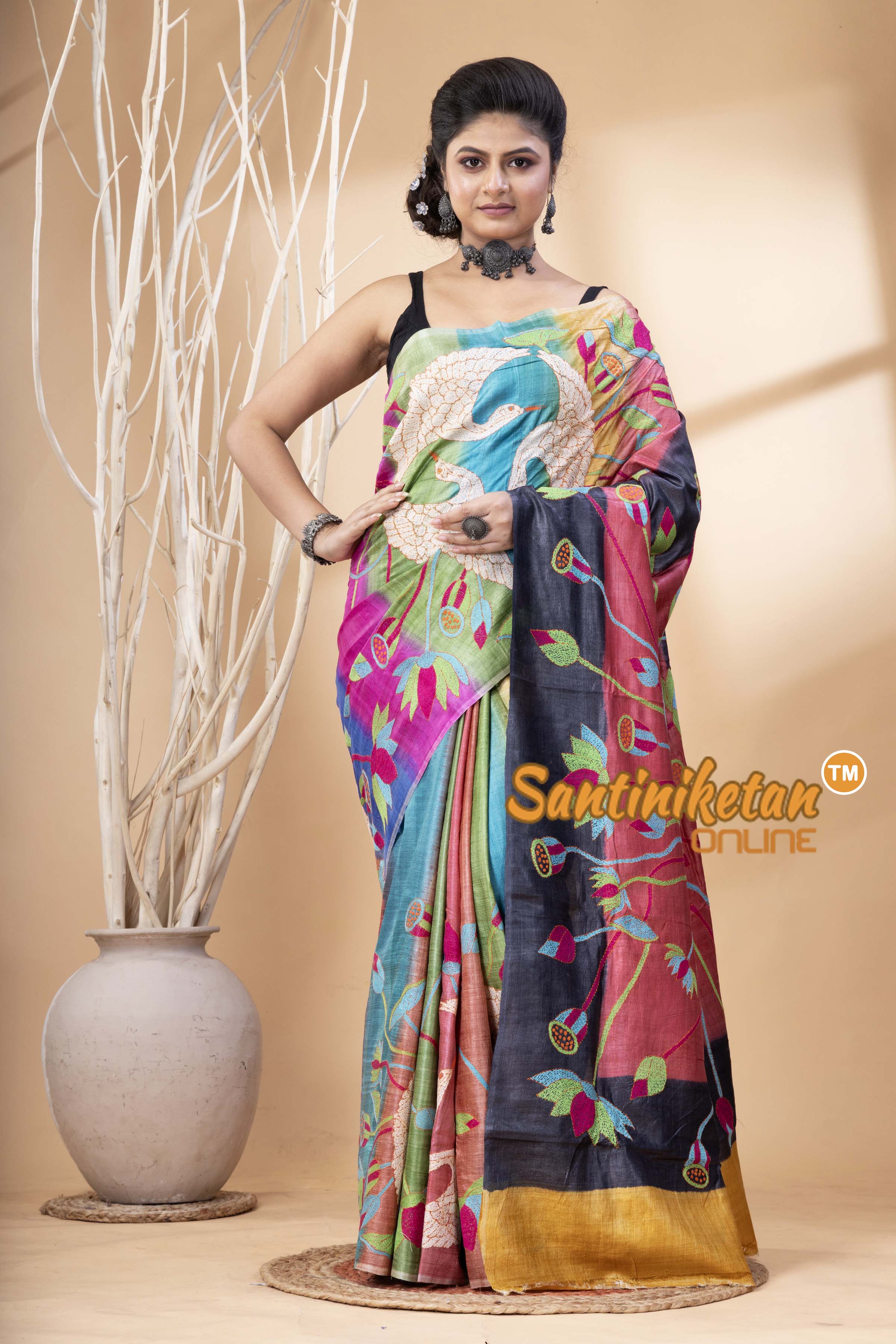 Pure Dye Tussar Silk Kantha Stitch Saree SN202524686