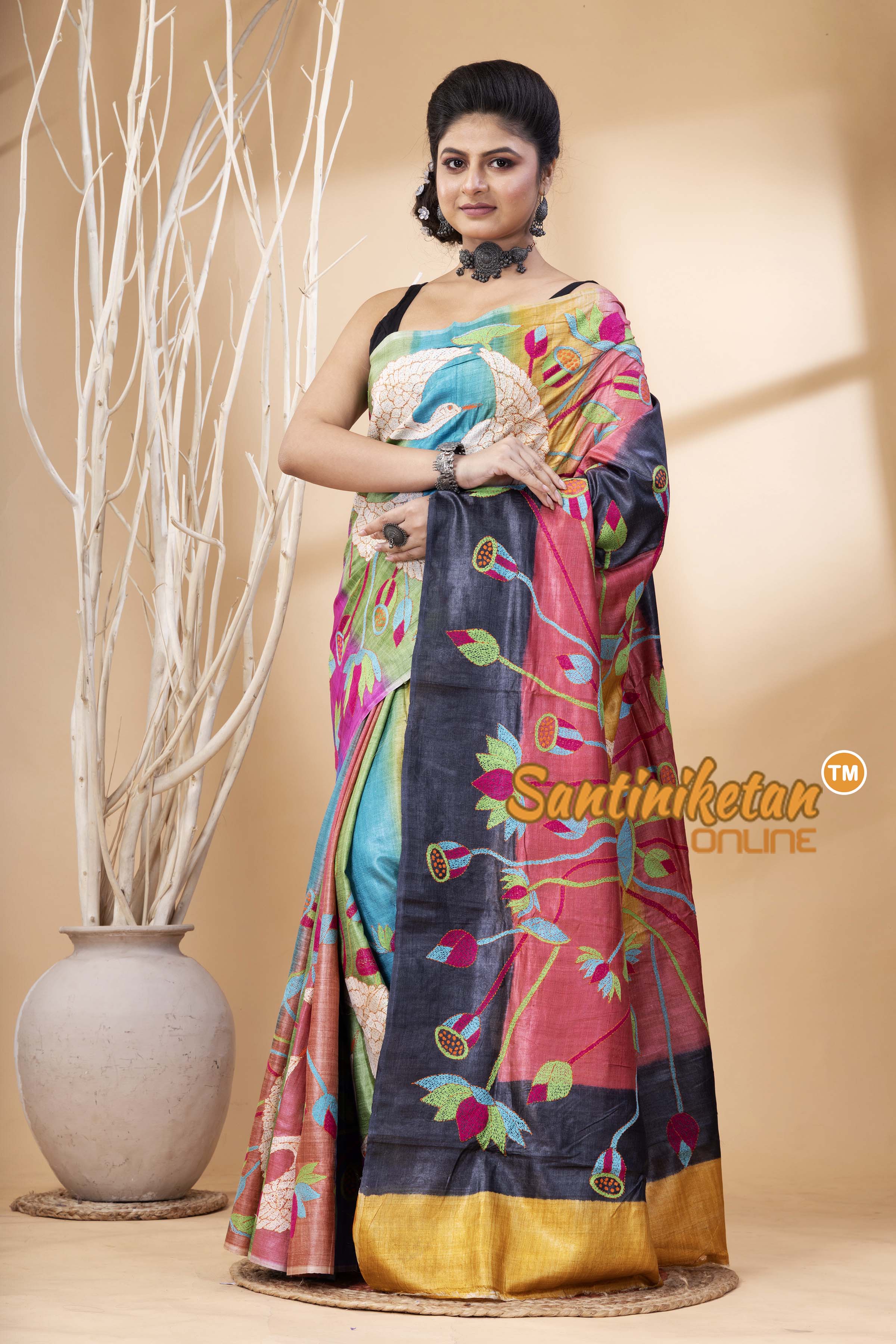 Pure Dye Tussar Silk Kantha Stitch Saree SN202524686