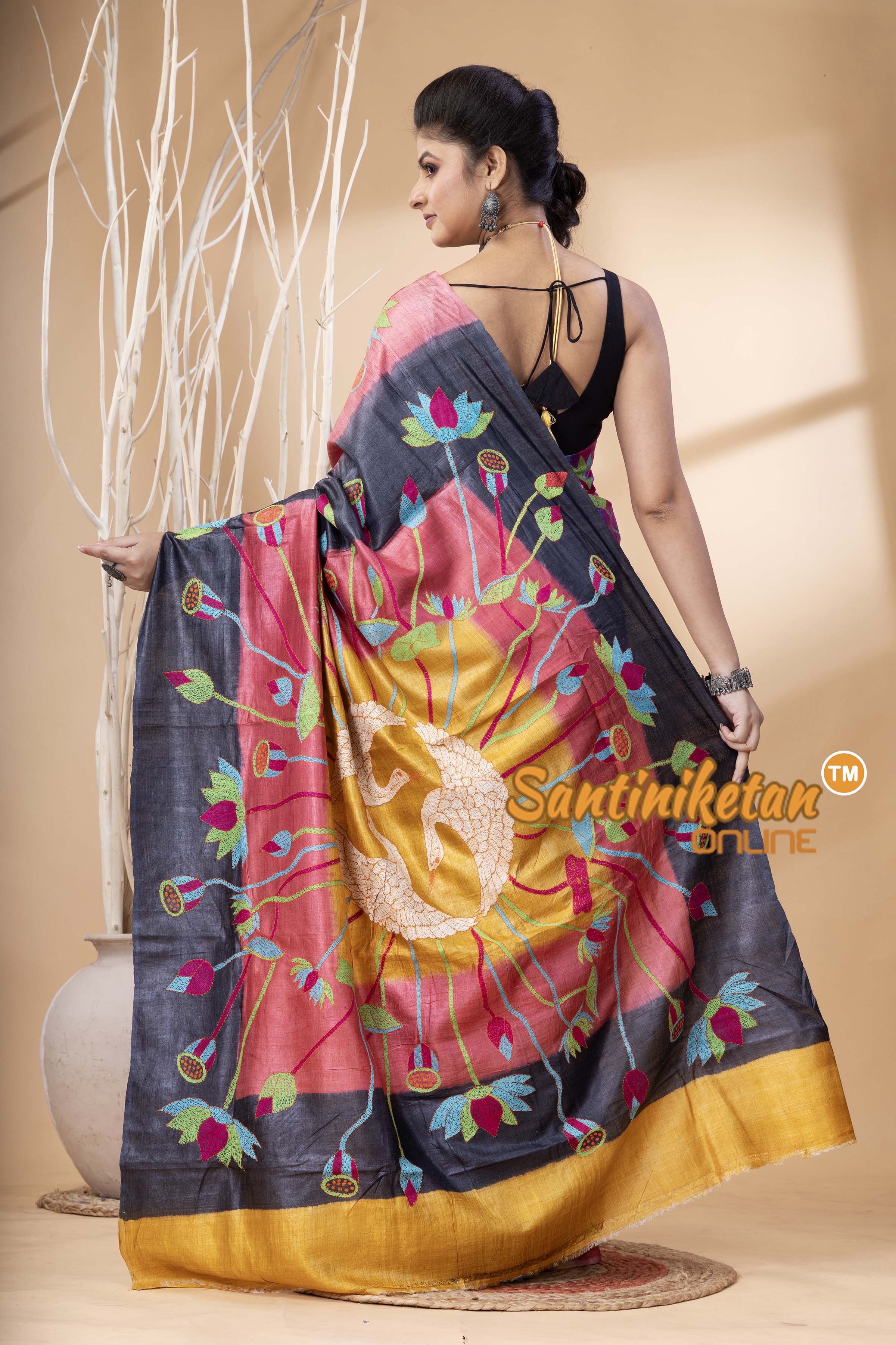Pure Dye Tussar Silk Kantha Stitch Saree SN202524686