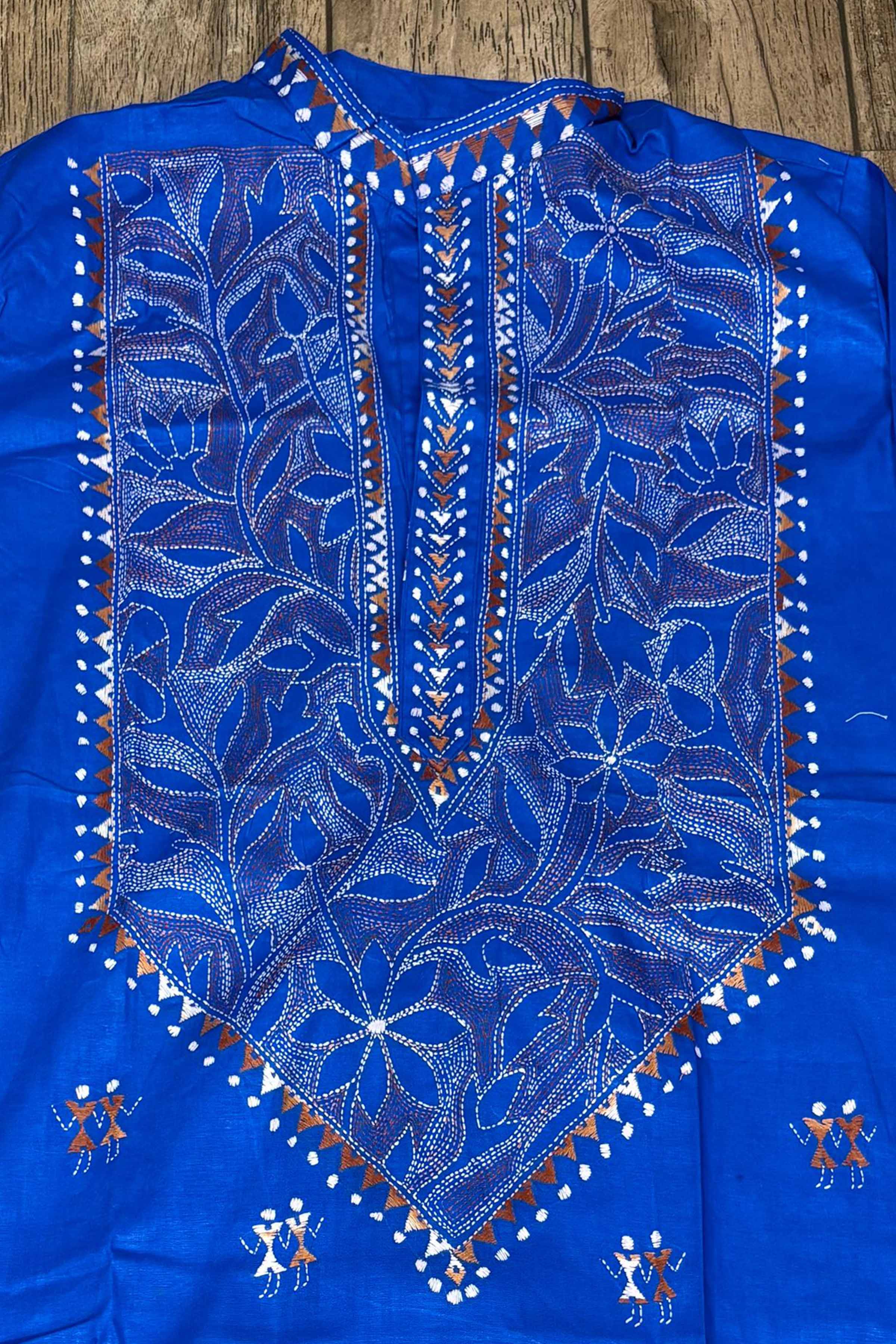 Blue Pure Cotton with Kantha Work (Hand Embroidery) Panjabi