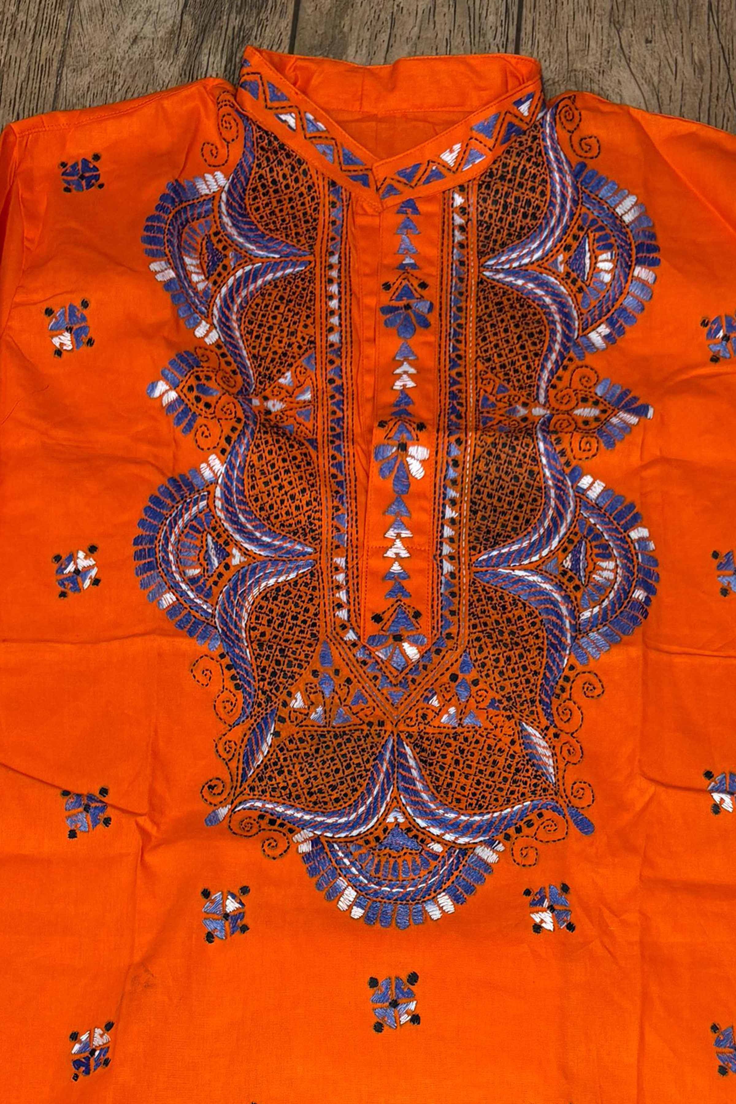 Orange Pure Cotton with Kantha Work (Hand Embroidery) Panjabi
