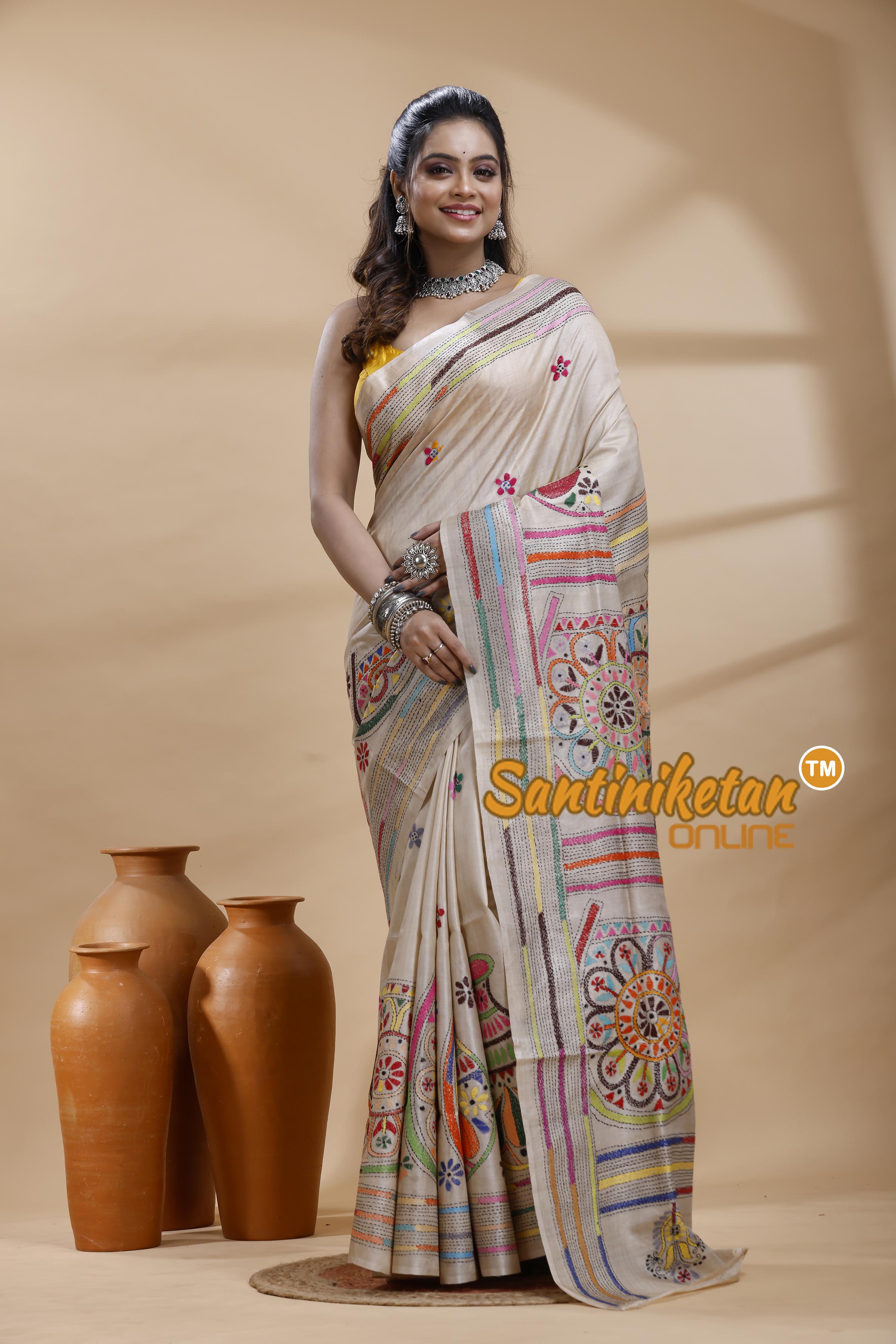 Pure Gachi Tussar Silk Kantha Stitch Saree