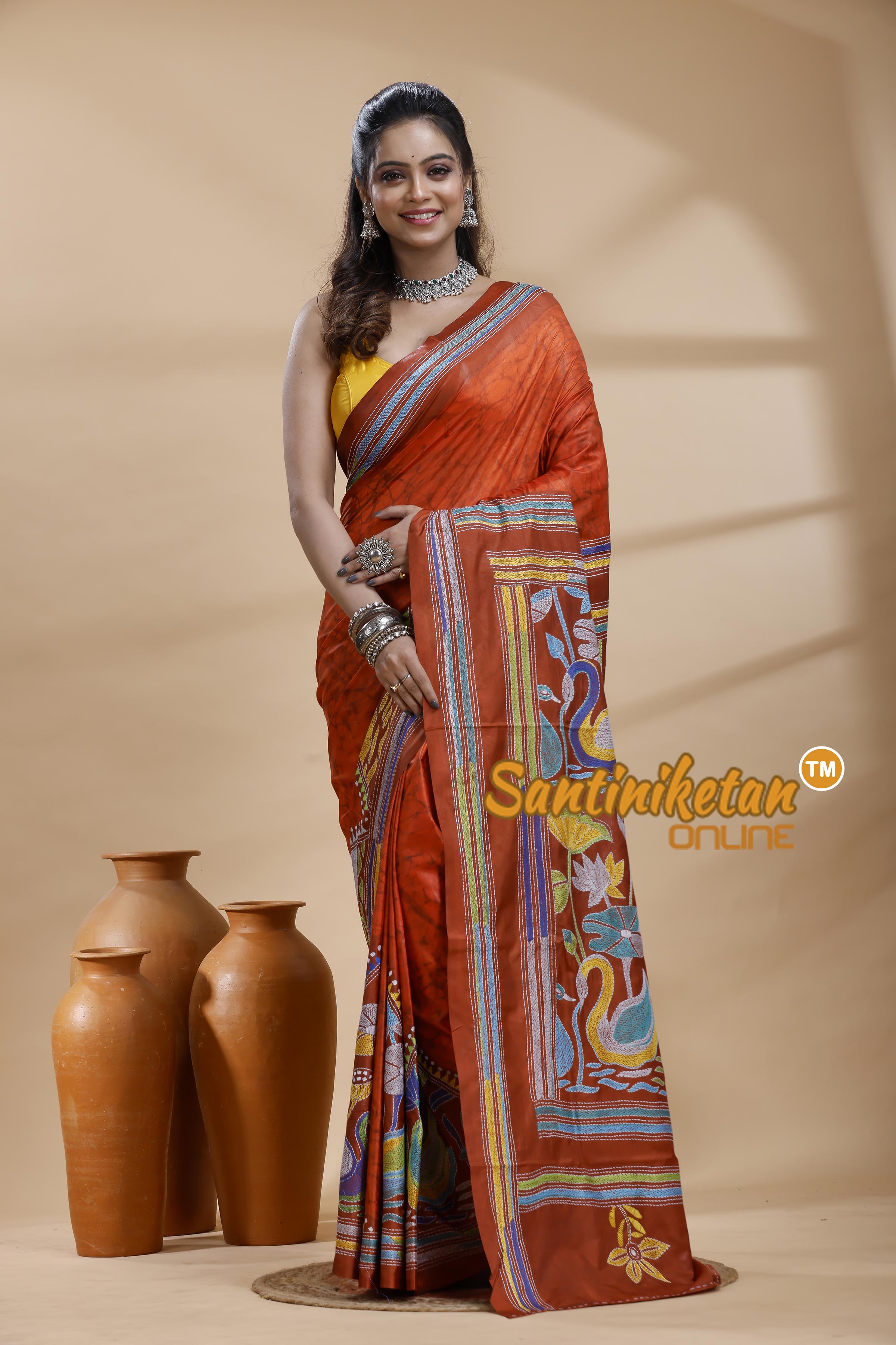 Bangalore Silk Batik Kantha Stitch Saree