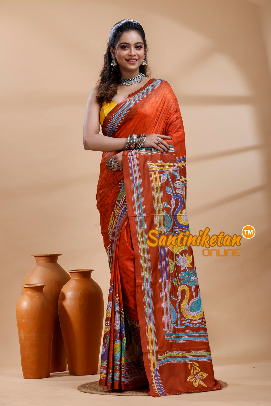 Bangalore Silk Batik Kantha Stitch Saree