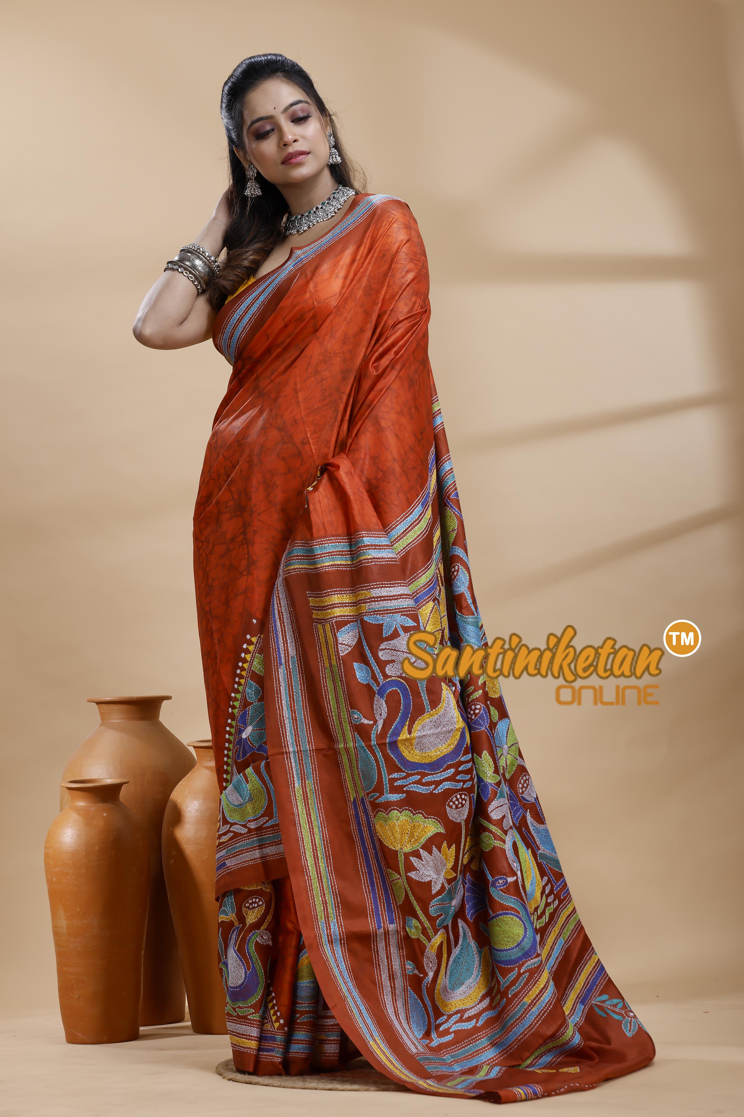 Bangalore Silk Batik Kantha Stitch Saree