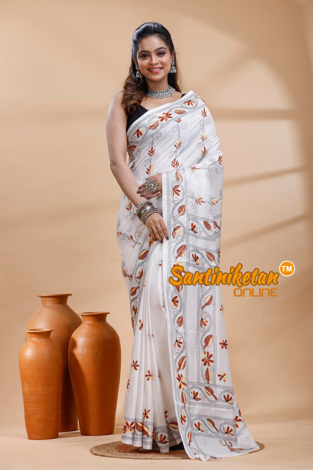 Bangalore Silk Kantha Stitch Saree