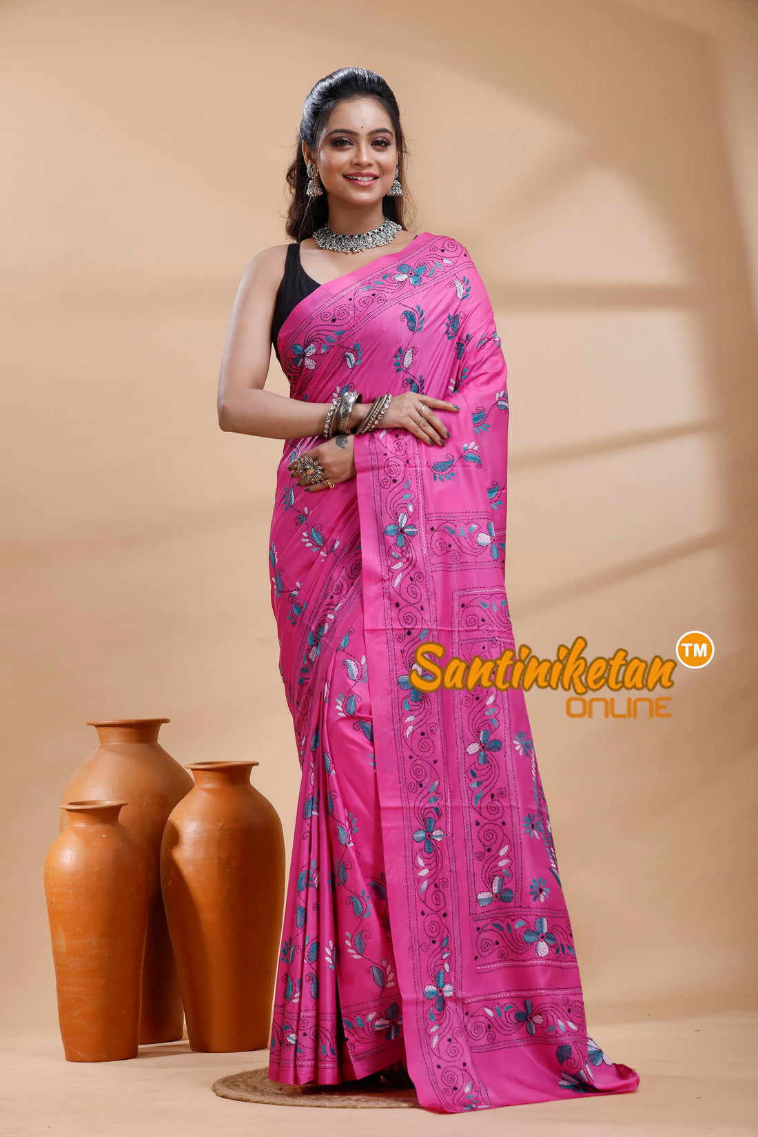 Bangalore Silk Kantha Stitch Saree