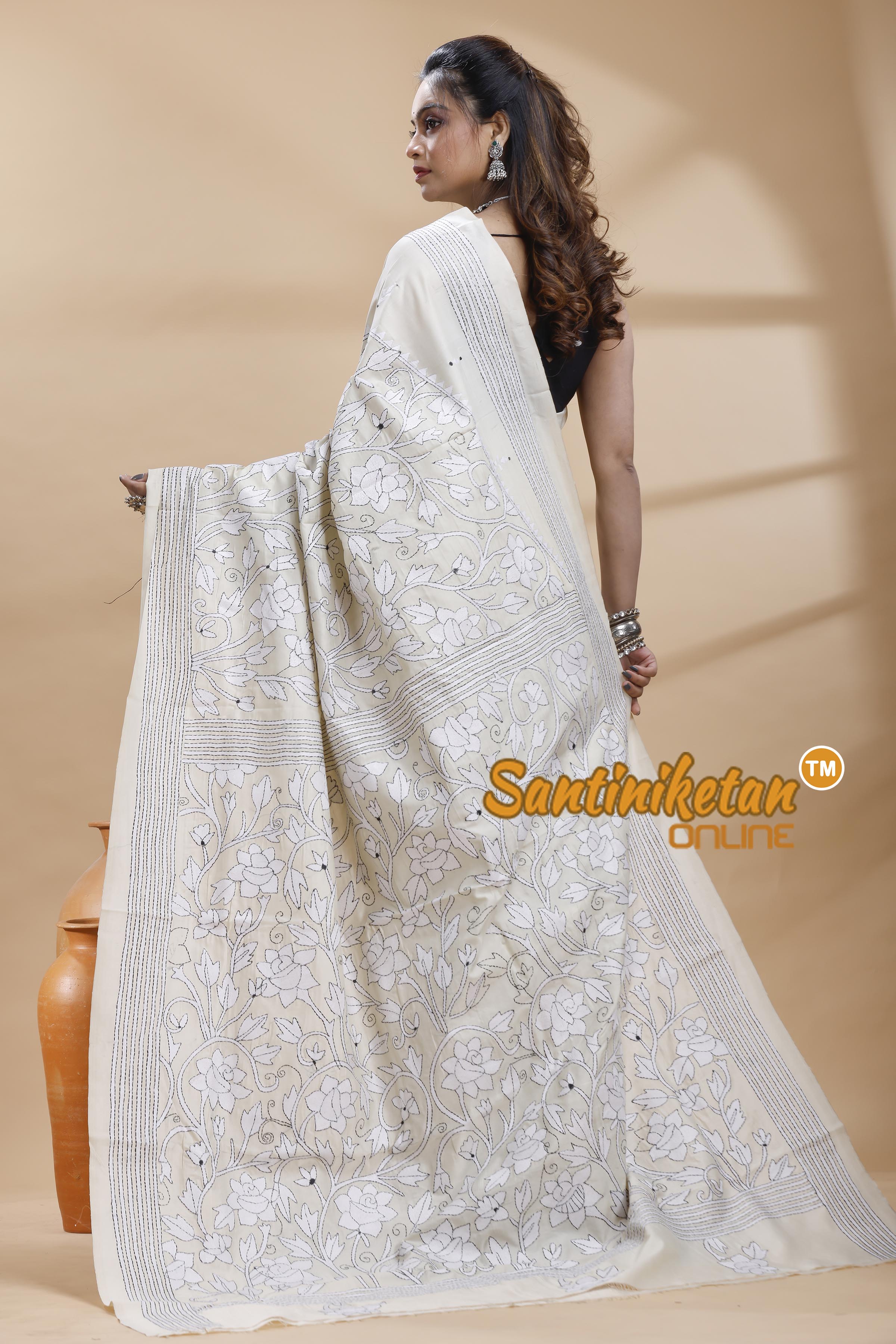 Tussar Silk Kantha Stitch Saree