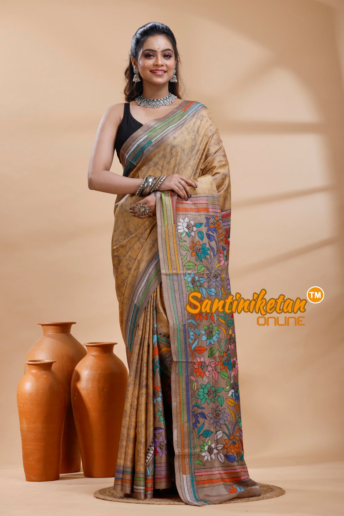 Bangalore Silk Batik Kantha Stitch Saree