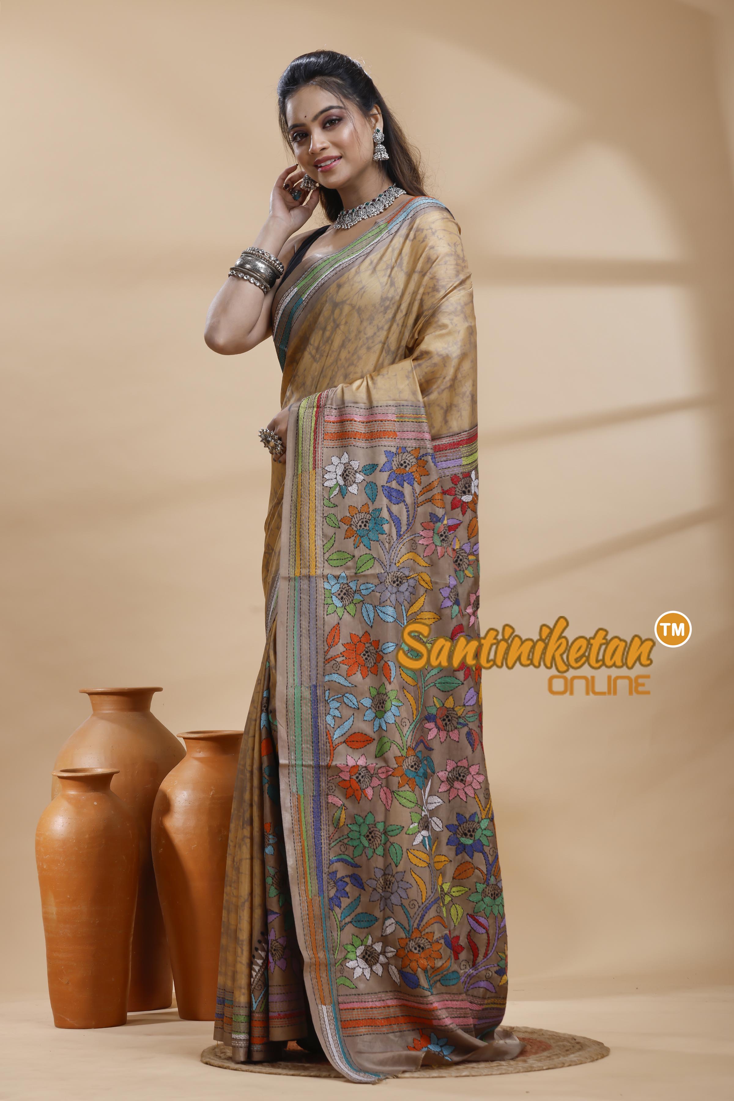 Bangalore Silk Batik Kantha Stitch Saree