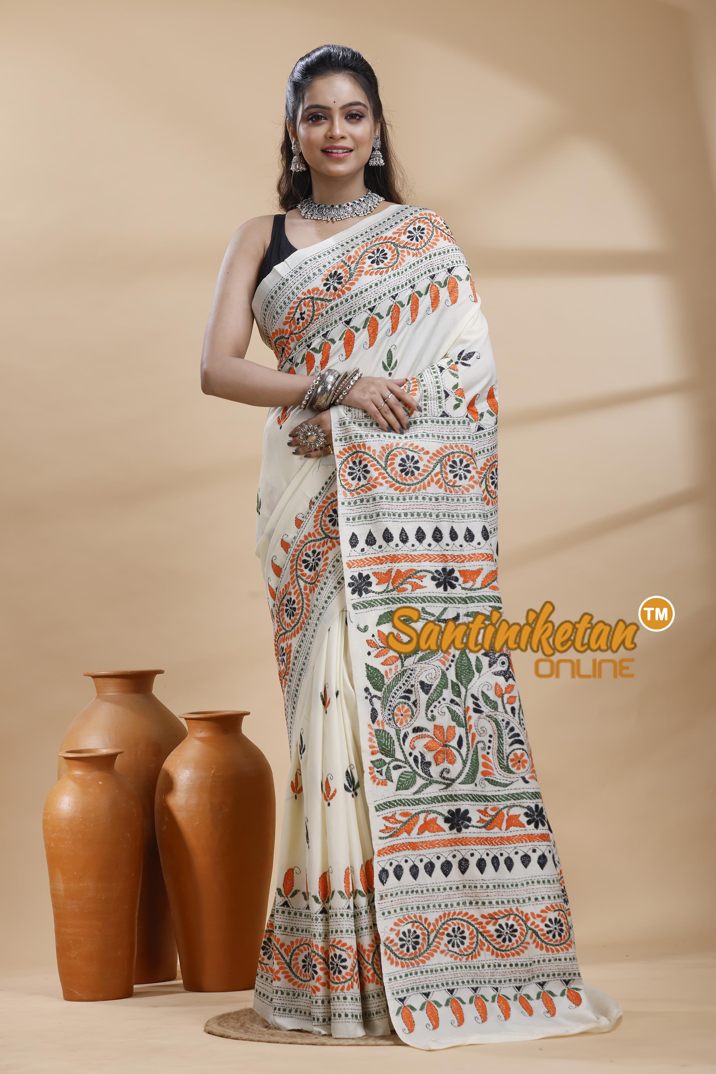 Tussar Silk Kantha Stitch Saree