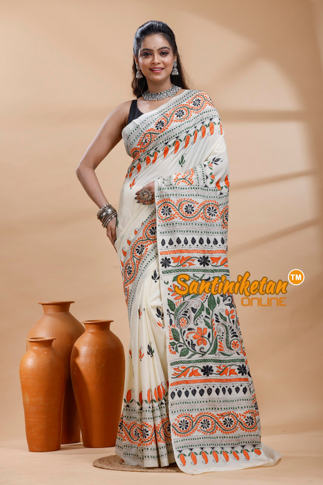 Tussar Silk Kantha Stitch Saree