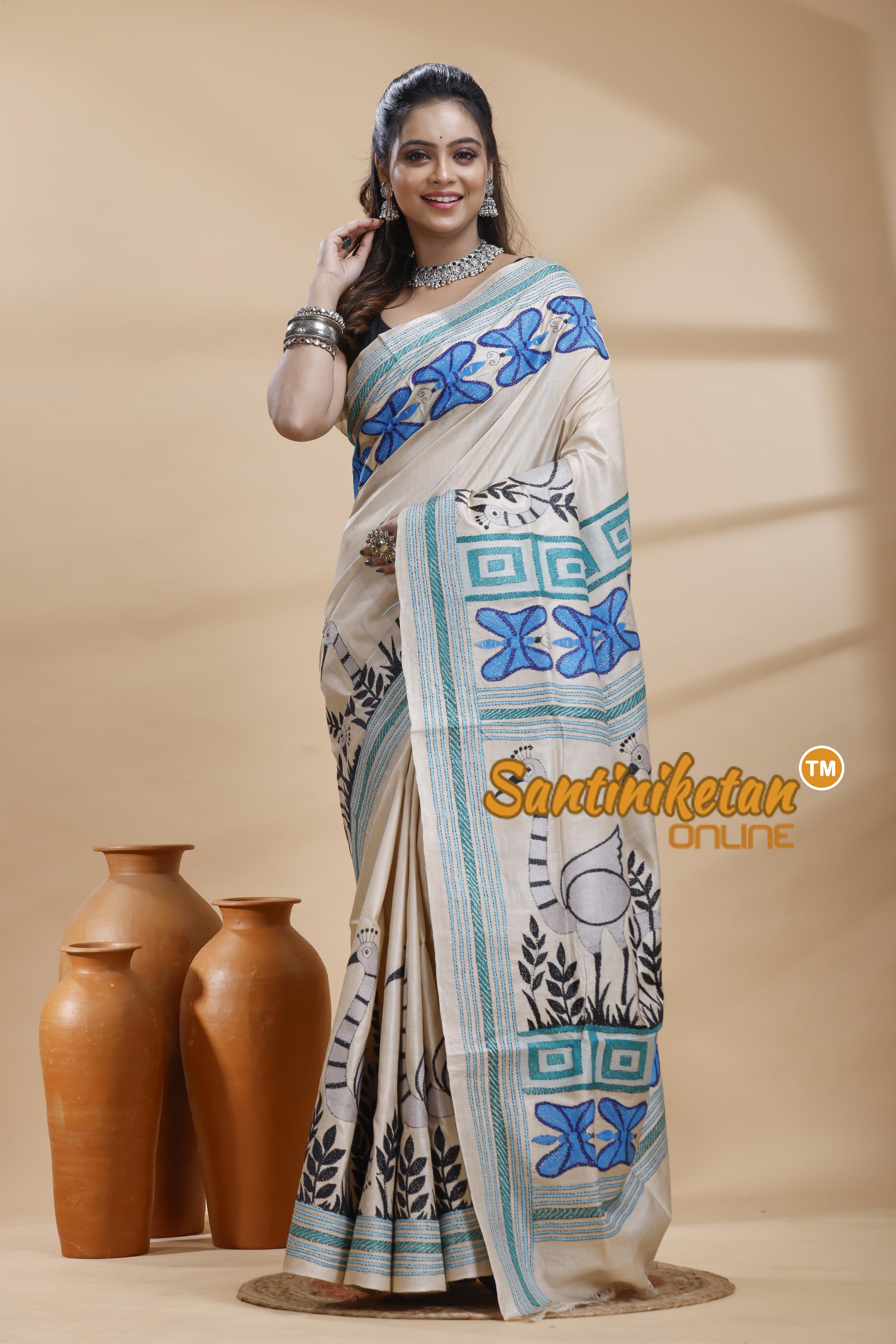 Pure Gachi Tussar Silk Kantha Stitch Saree