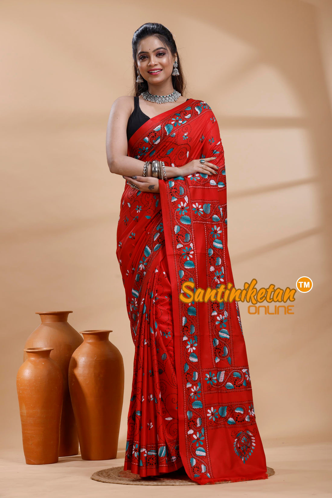Bangalore Silk Kantha Stitch Saree