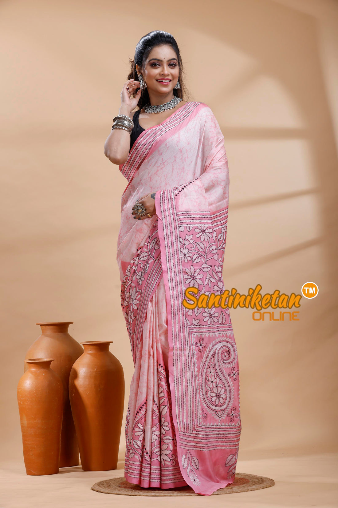 Bangalore Silk Batik Kantha Stitch Saree
