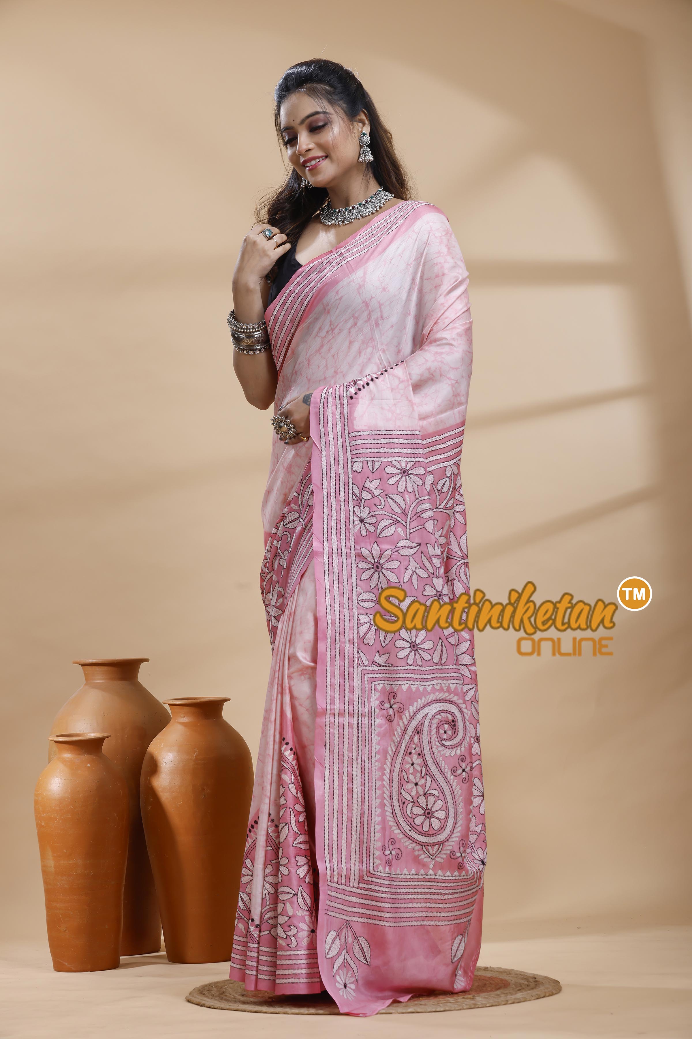 Bangalore Silk Batik Kantha Stitch Saree