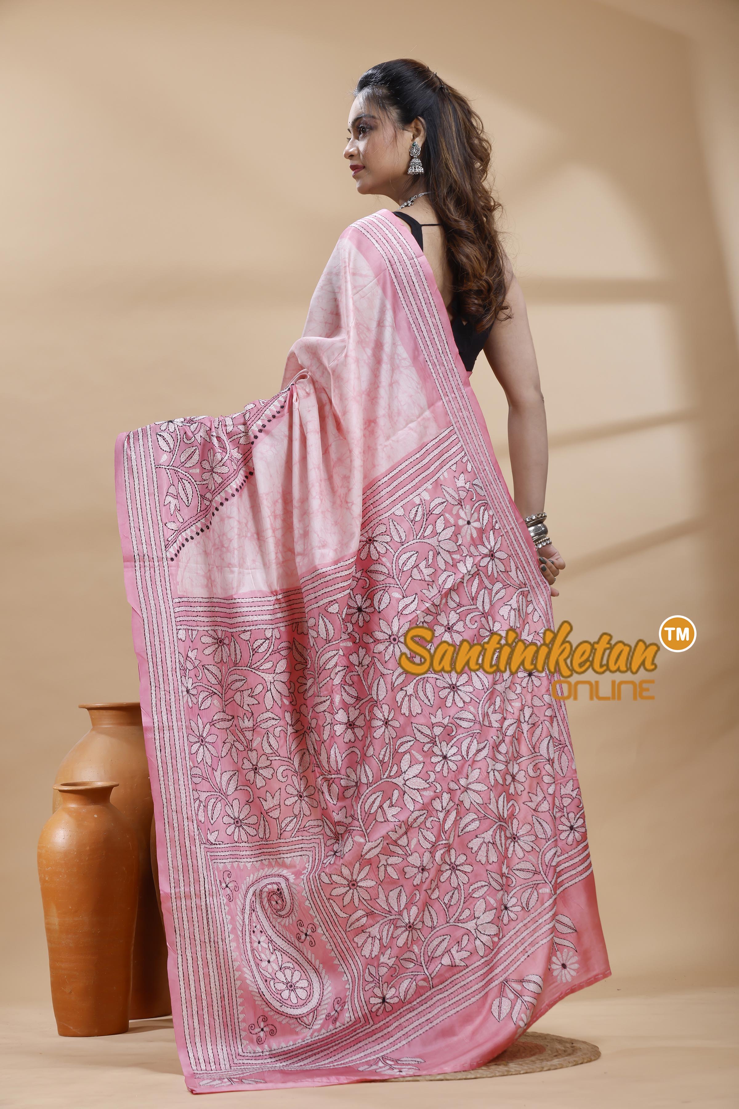 Bangalore Silk Batik Kantha Stitch Saree