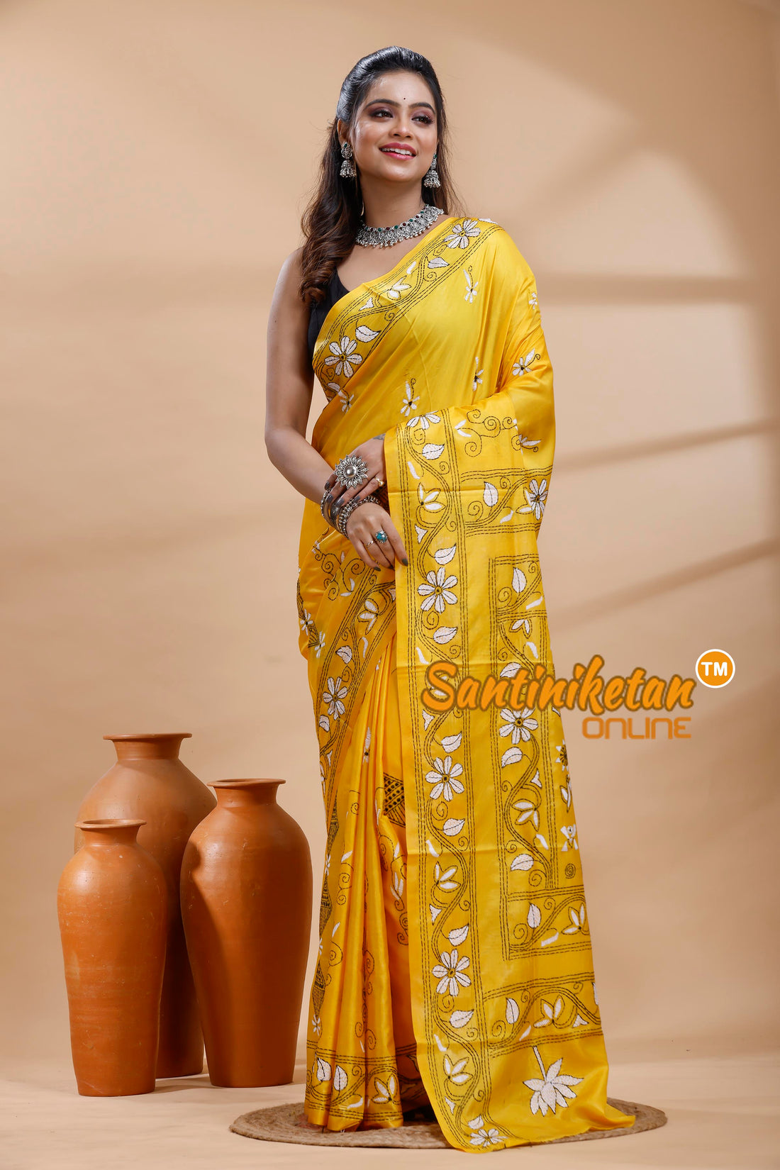 Bangalore Silk Kantha Stitch Saree