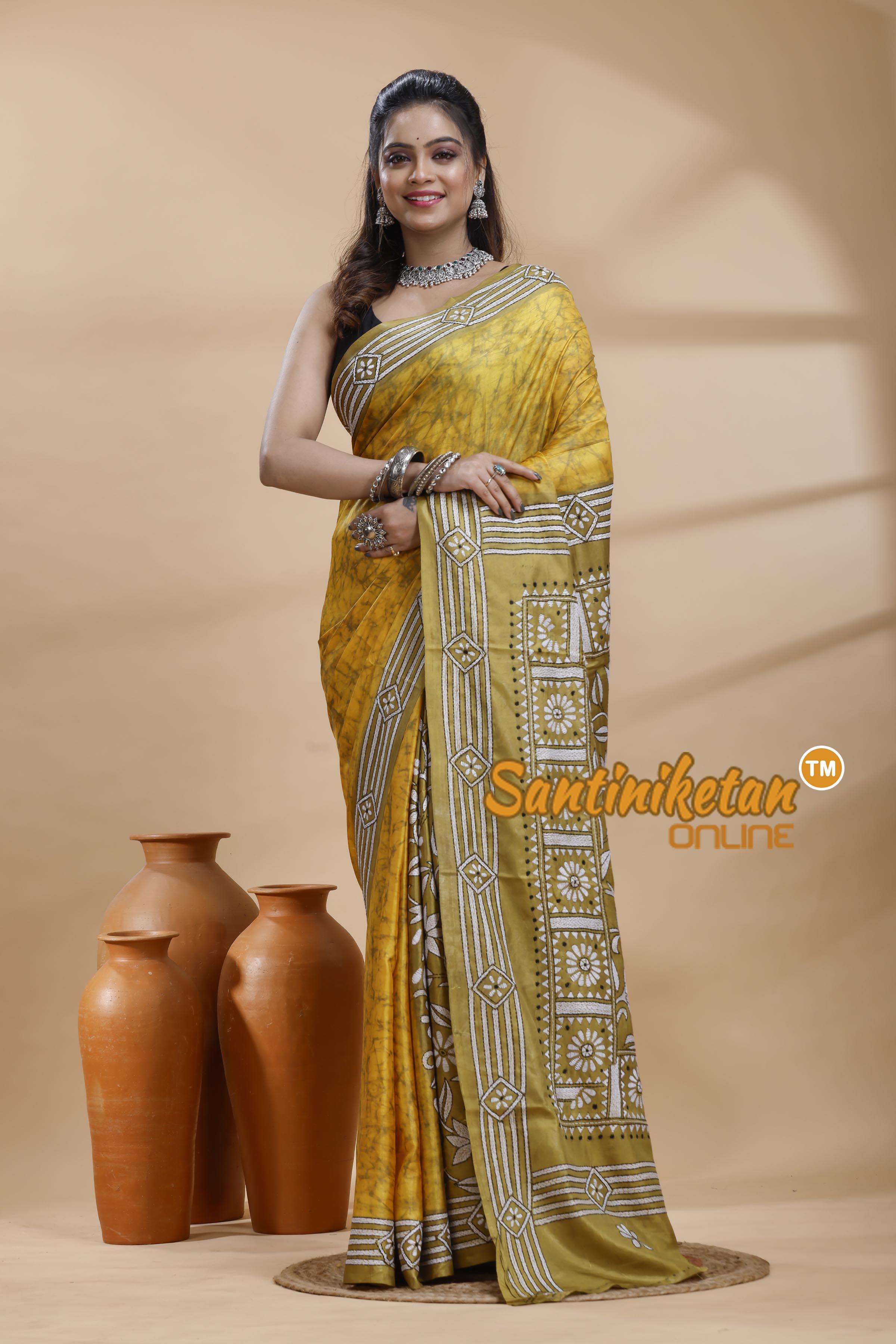 Bangalore Silk Batik Kantha Stitch Saree