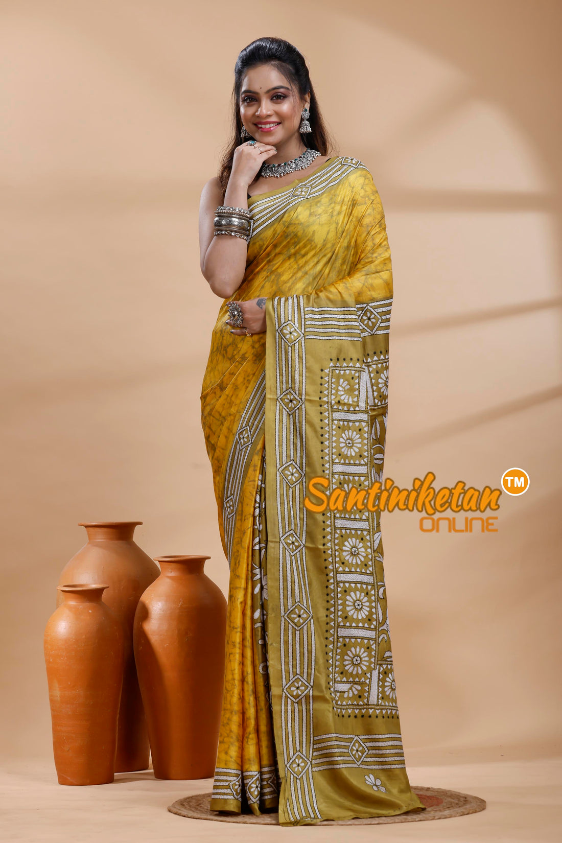 Bangalore Silk Batik Kantha Stitch Saree
