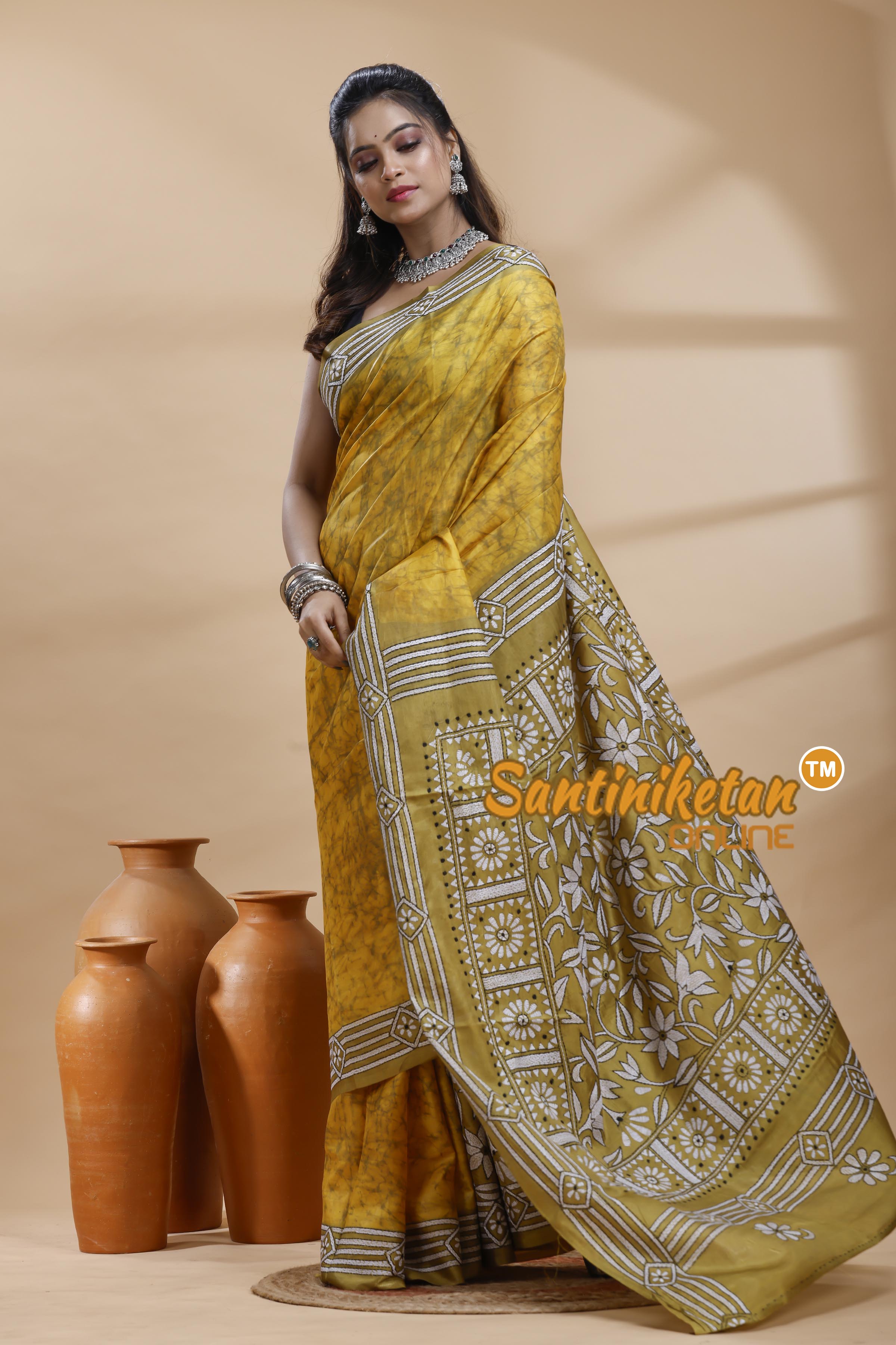 Bangalore Silk Batik Kantha Stitch Saree